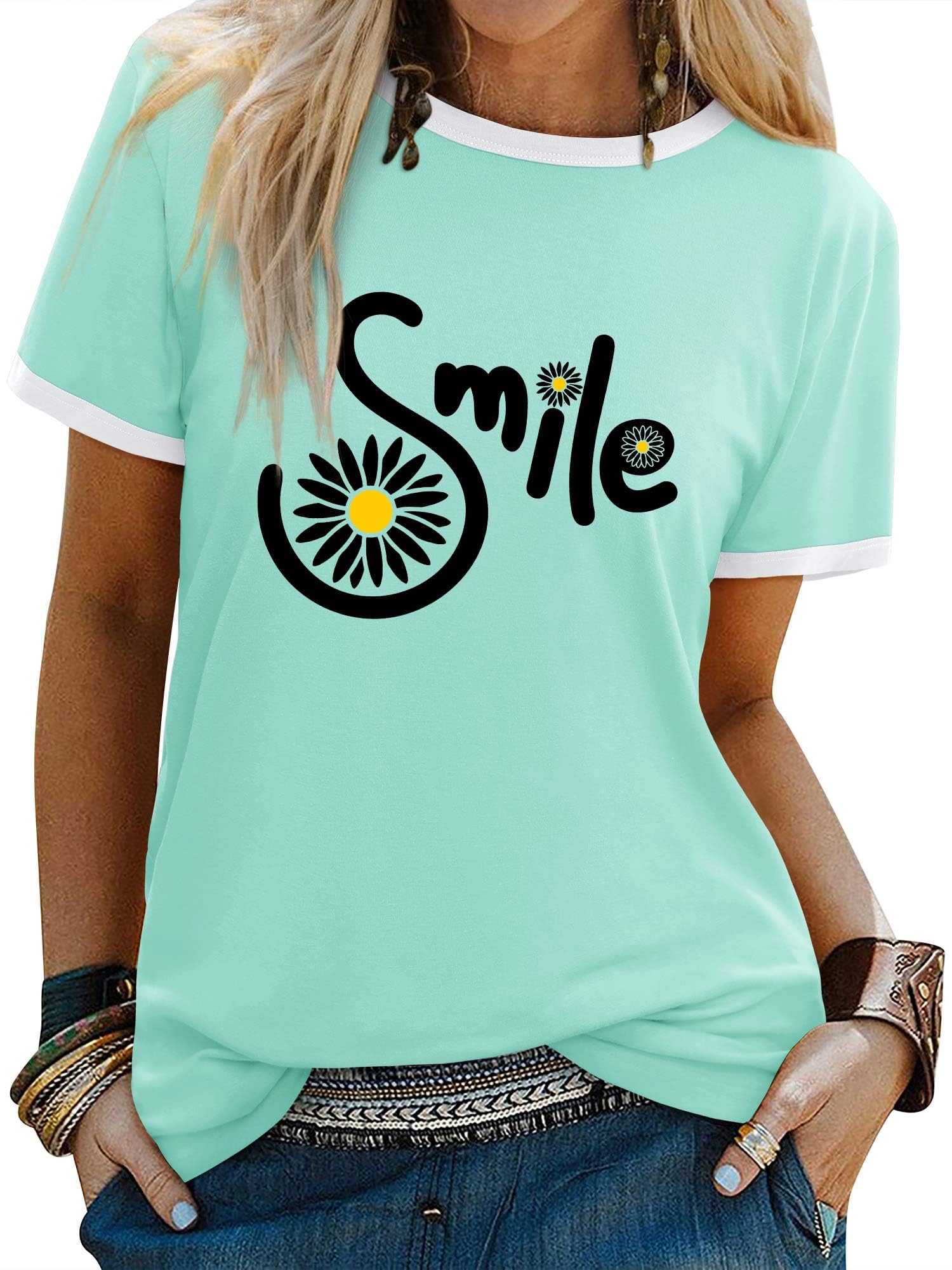 Yihelian Tshirts Frauen Rundhals Top Damen Daisy Print Kurzarm Tee Shirt Sommer Lächeln Brief Gedruckt Shirts