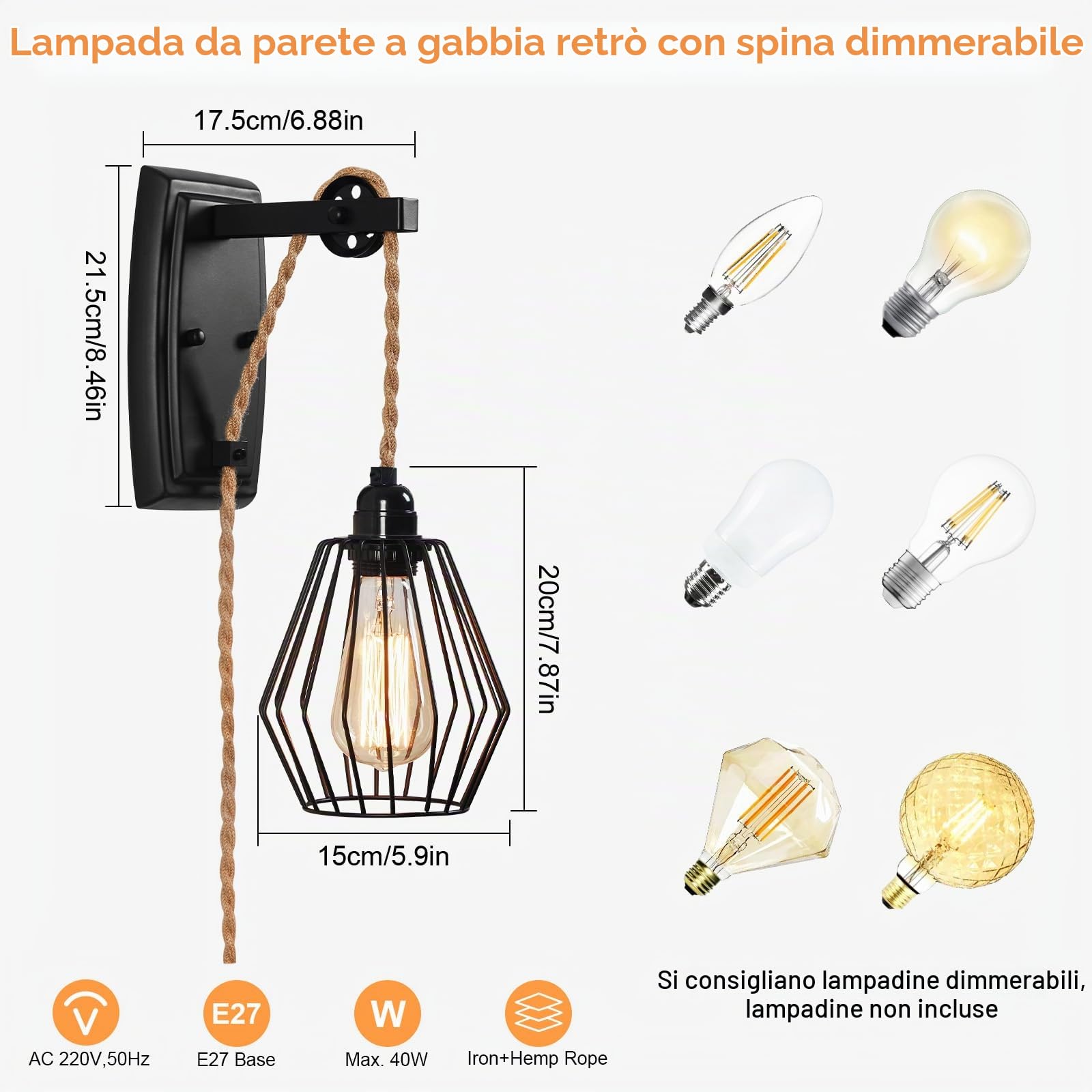 ENCOFT Lampada da Parete Interna con Interruttore Dimmerabile e Presa, Cavo di 4m, Plug-in Applique da Parete Interno Gabbia Industriale, Vintage E27 Luce Illuminazione da Muro per Soggiorno