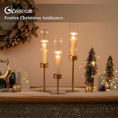 Miniatura 4 de Glasseam Candelabros cónicos dorados 6 portavelas de latón alto con cilindro de vidrio acanalado, portavelas estriados para centro de mesa,