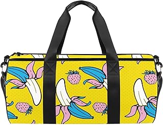 Art Banana Strawberries Pattern Yellow Travel Duffle Bag Deportes Equipaje con mochila Tote Gym Bag para hombre y mujer, Art Banana Patrón de fresas, color amarillo, 45 x 23 x 23 cm 17.7 x 9 x 9