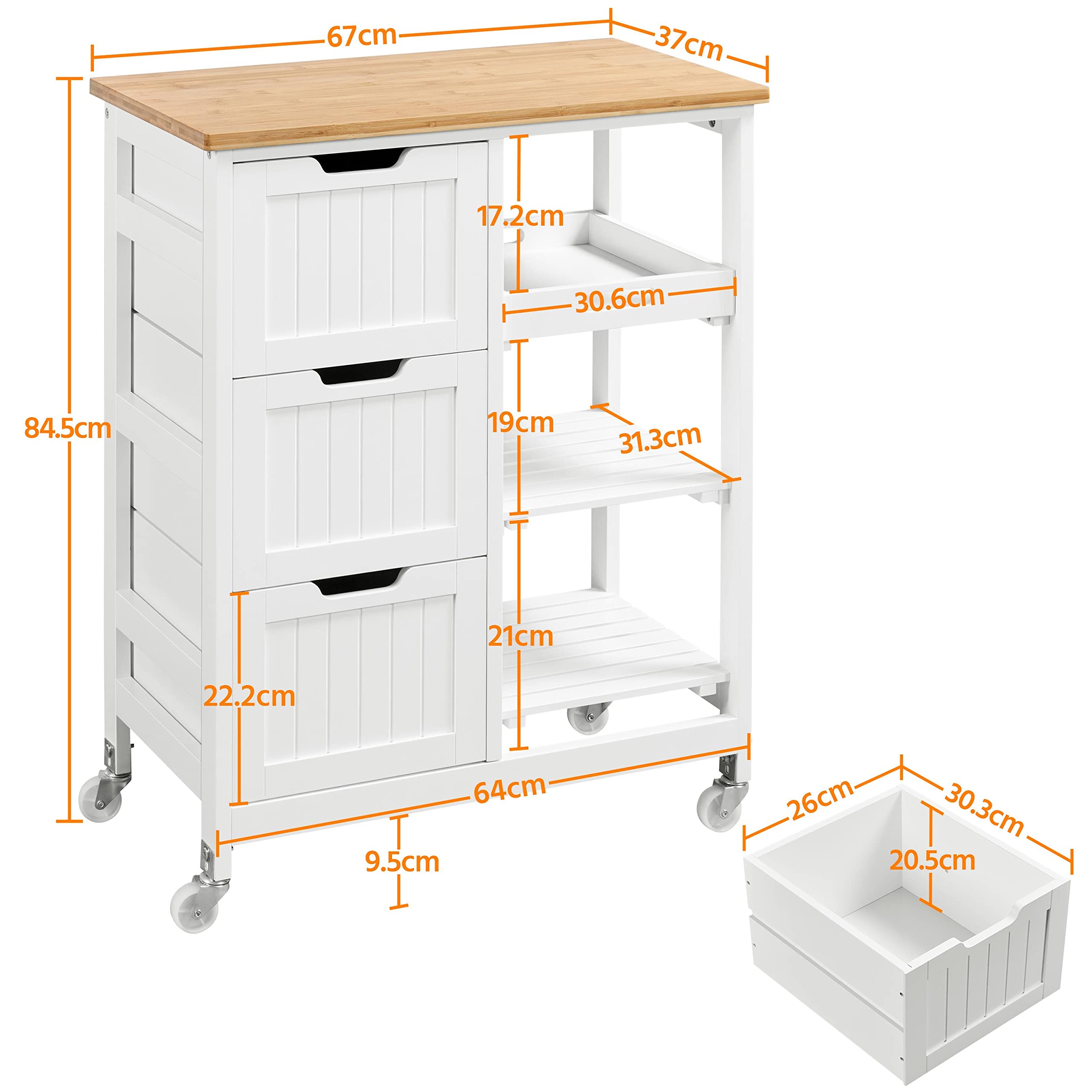 Yaheetech Carro de Cocina 4 Ruedas Carro de Almacenamiento con 3 Cajones y 3 Estantes Carrito de Servicio de Madera Blanco 67 x 37 x 84,5 cm