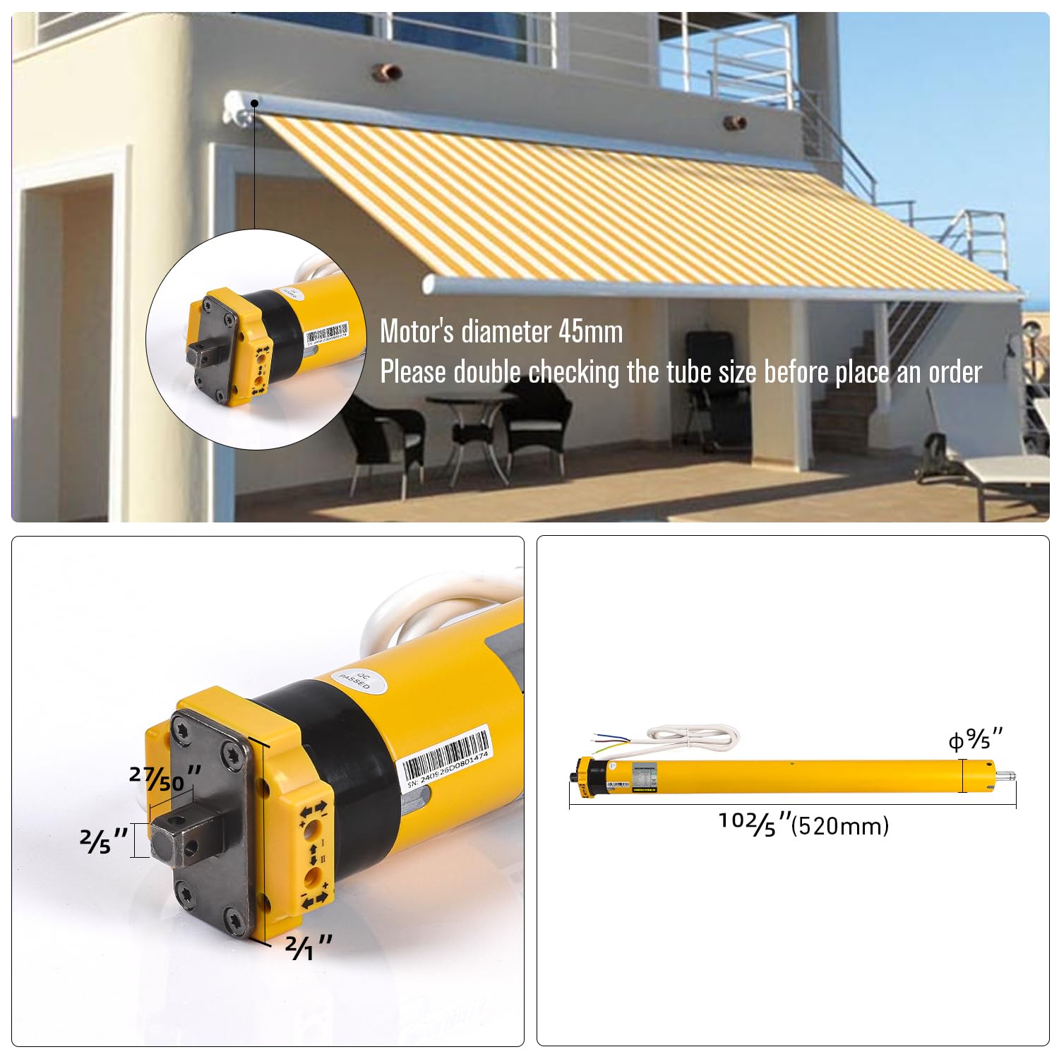 AM45-20/17-E-XP Motor impermeable para toldos motor tubular 230 V para toldos exteriores - Impermeable y homologado UL