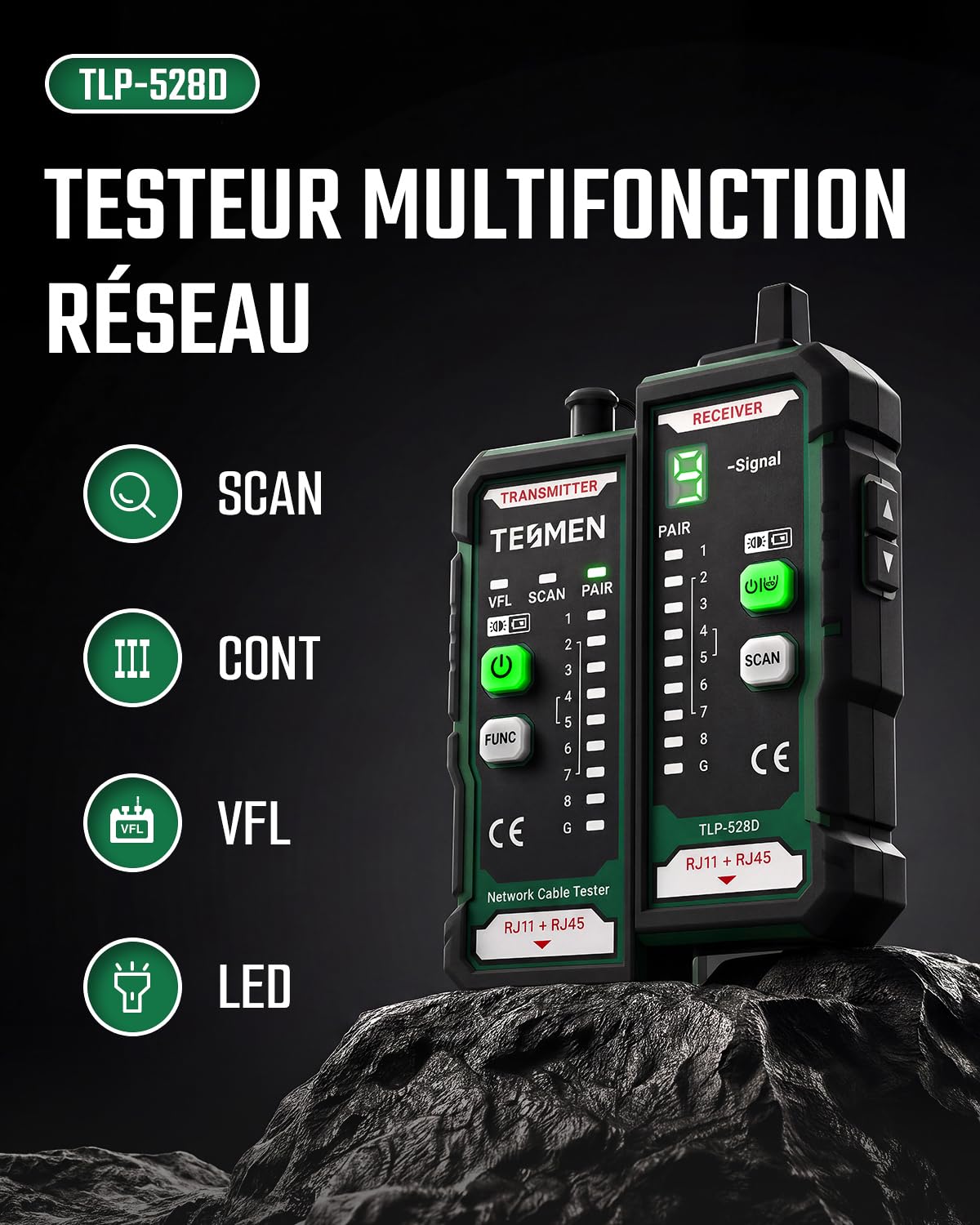 TESMEN TLP-528D Testeur réseau et mesureur VFL fibre optique avec connecteur 2,5 mm, traceur RJ45 Ethernet pour CAT5/CAT6 avec test de continuité, détecteur LAN/TEL et réparation domestique