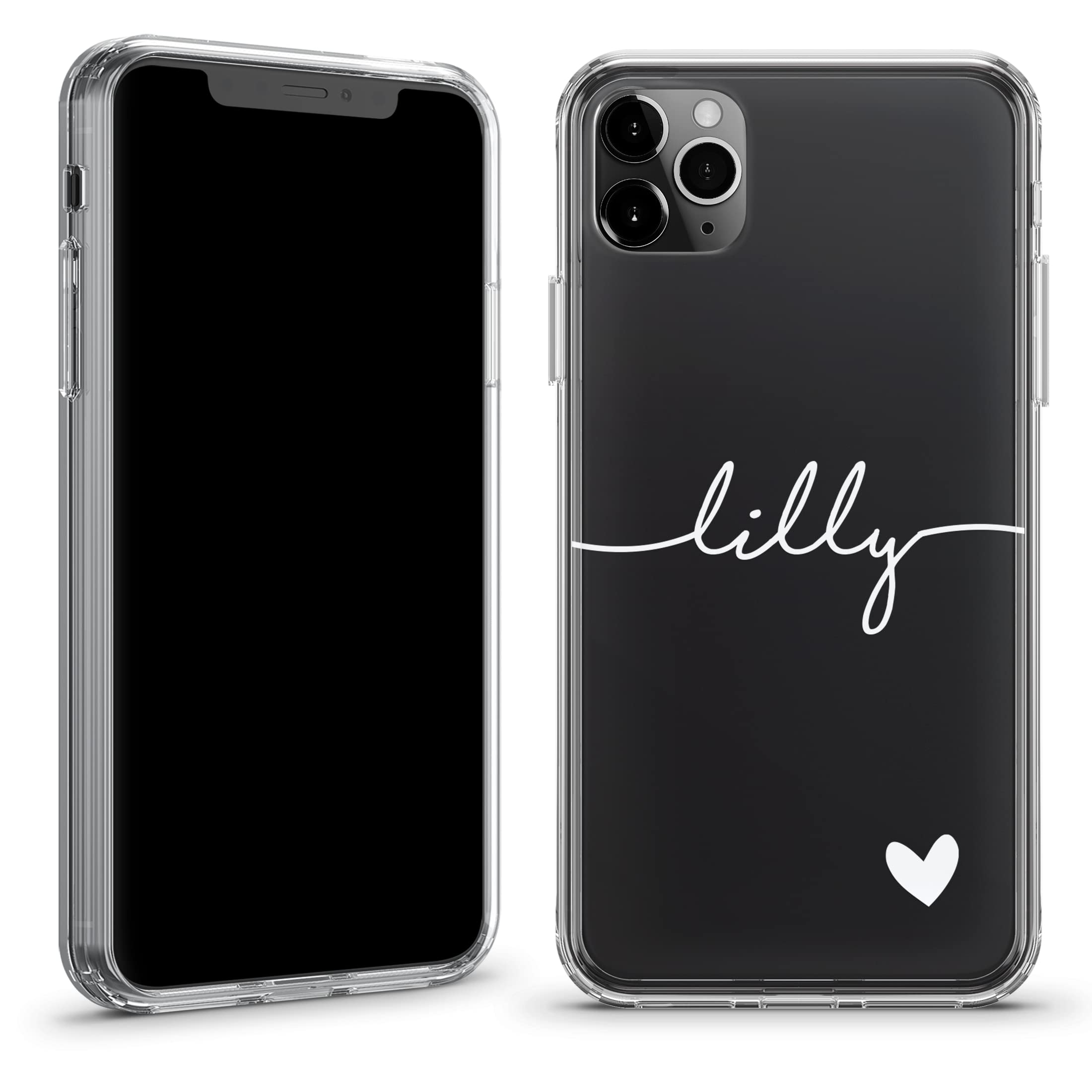 TULLUN Custodia personalizzata per iPhone 13 Pro, con nome e cuore personalizzati, trasparente, ibrida, antiurto, in poliuretano termoplastico, cover posteriore rigida, nome inferiore nero