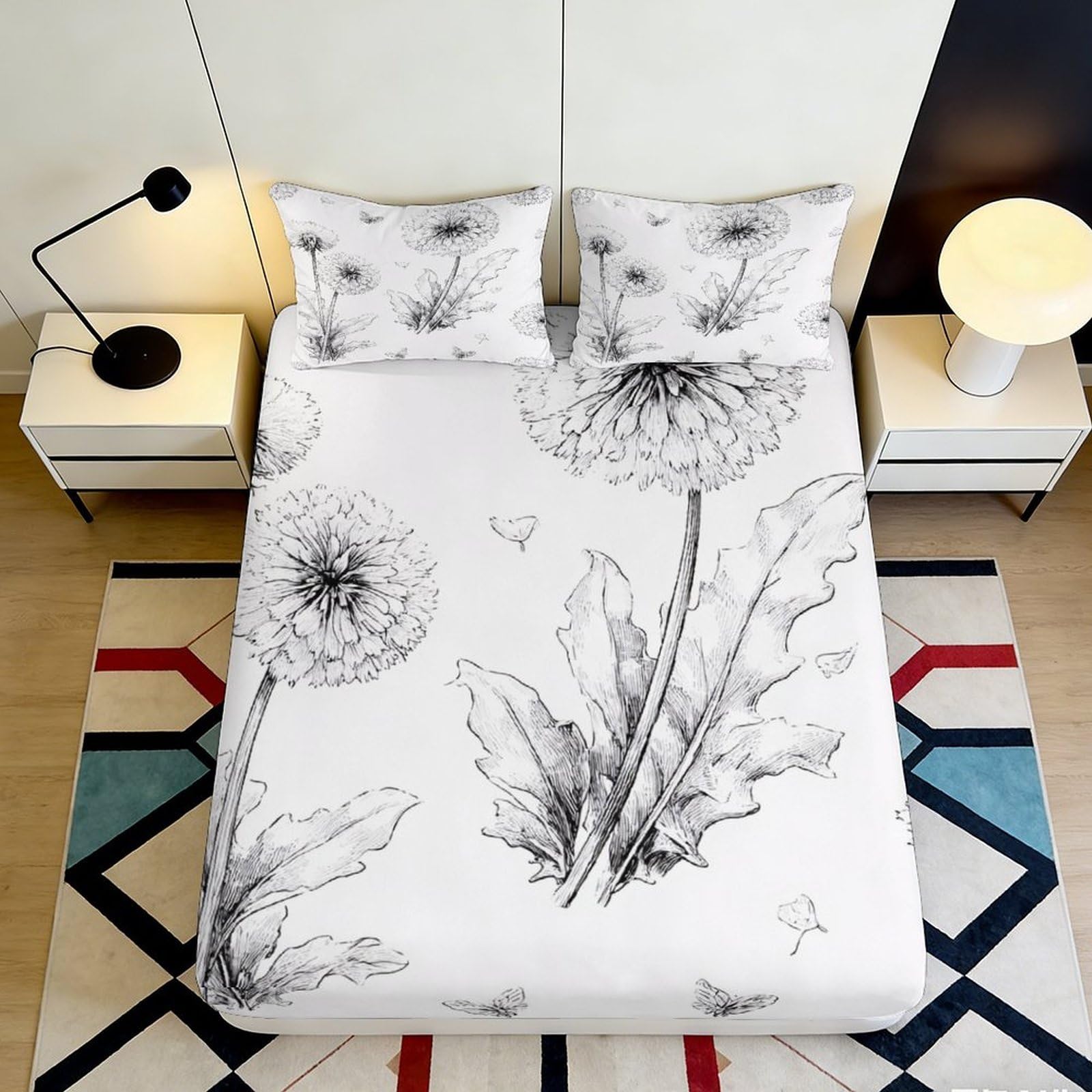 3D Printed Dandelion Fitted Sheet Microfiber Deep Pocket Bedroom Bedding Dandelion Mattress Fitted Cover Non-Slip for Adults 120x200x25cm