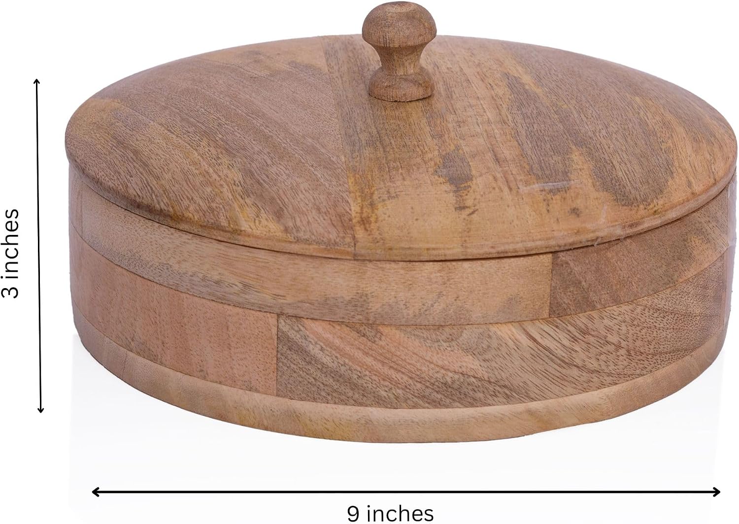 Handcrafted Wooden Mexican Tortilla Warmer Basket Indian Chapati Roti Bread Holder Box Pancake Keeper Serveware Hot Pot Casserole Dish With Lid Home Kitchen Dining Decor, Natural Brown, 9 x 3 Inches