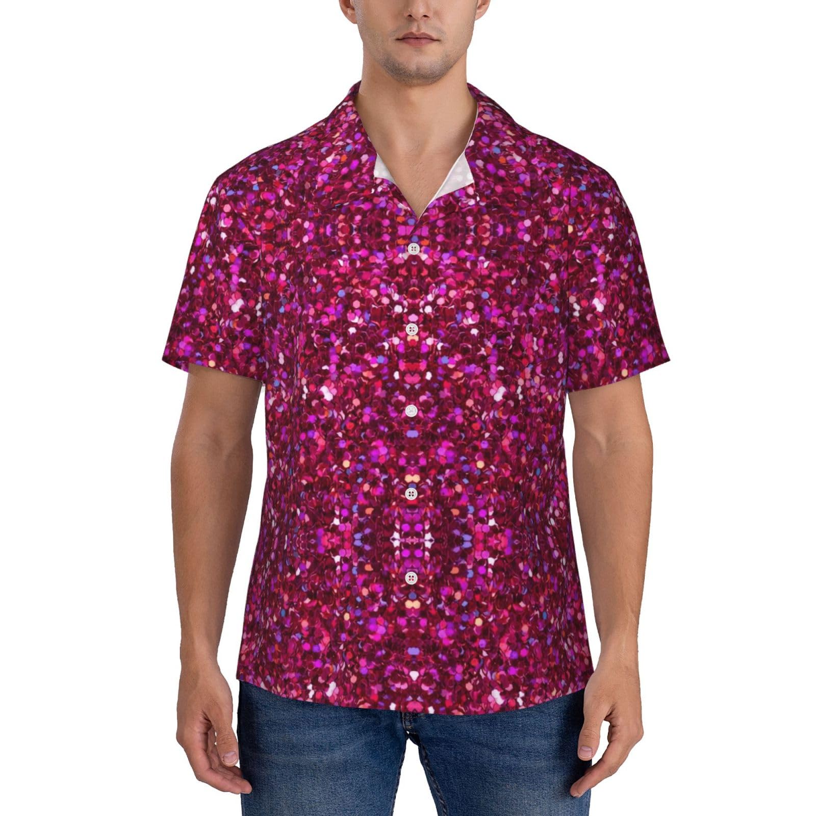 Longzehao Men's Glitter Pattern Print Hawaiian Shirt Casual Button Down Beach Shirts Short Sleeve with Pocket., Black, 3XL