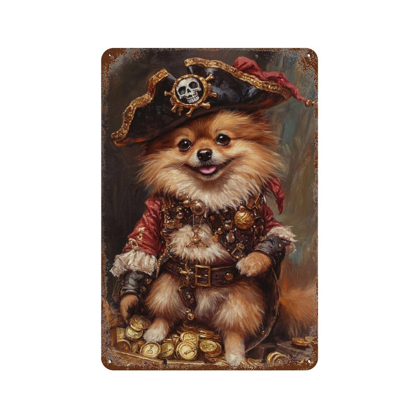 Decorative Tin Sign with Pirate Dog Treasure Chest-91 Design 11.8"x7.9", for Farmhouse, Kitchen And Entryway Decor, Decorative Metal Wall Art