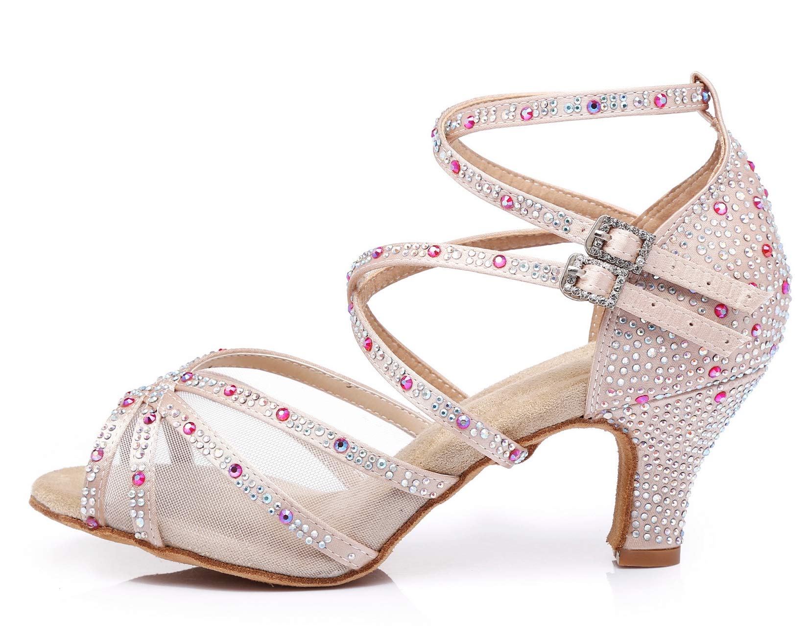 Minishion Womens Rhinestones Dancing Sandals Elegant Mesh Wedding Prom Shoes L373 Nude 2.5