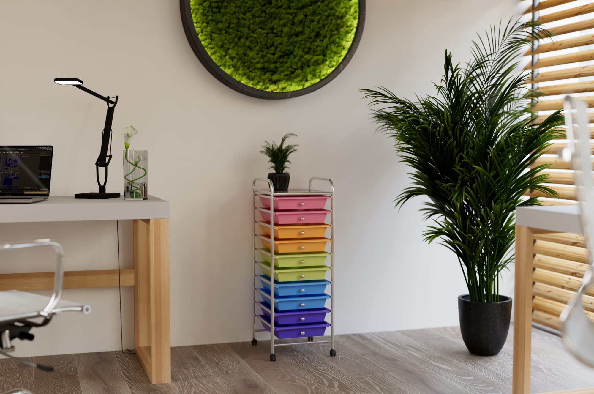 COSTWAY Carrello con 10 Cassetti da Stoccaggio, Cassettiera di Metallo e Plastica, Contenitore Multiuso con Ruote a Freno, per Casa e Ufficio (Multicolore)