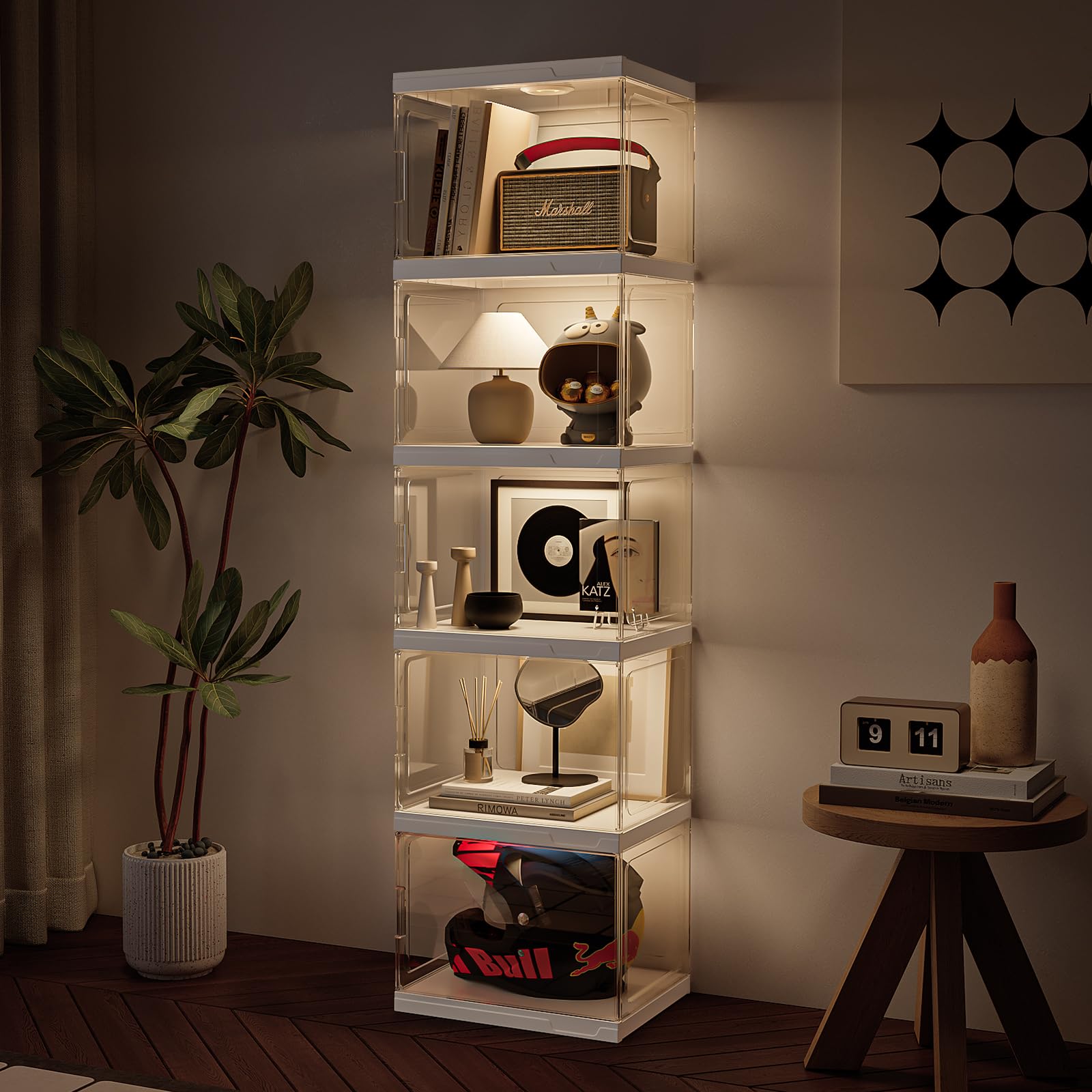 MAGINELS Display Cabinet,Plastic Storage Cabinet with Adjustable LED Lights - Elegant White Standing Storage for Living Room, Bedroom, Study, and Office Decor (15.8x11.8x61 Inches)