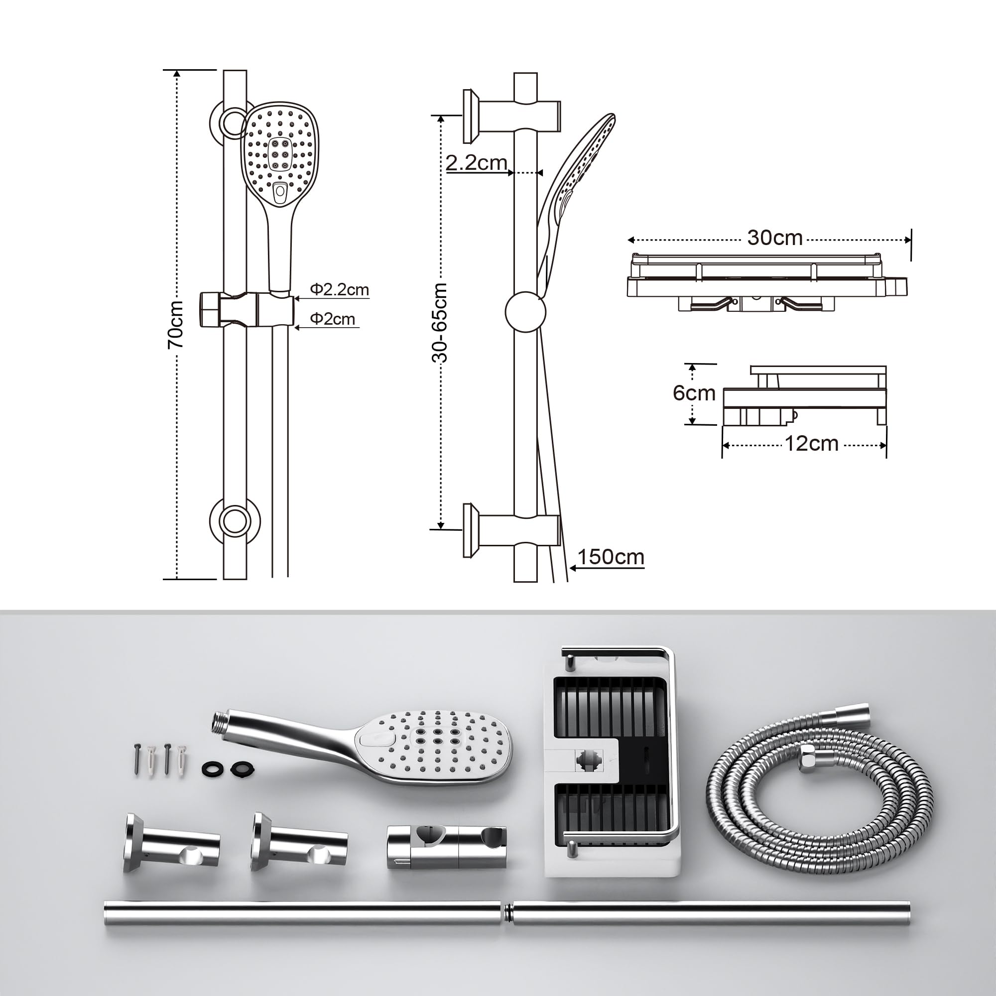 Görbach Columna de ducha de acero inoxidable sin Grifo, Barra Ducha 70 cm con Estante Ducha, Deslizador y Soporte de Pared Ajustable, Alcachofa Ducha Mano con 3 funcións Cromado