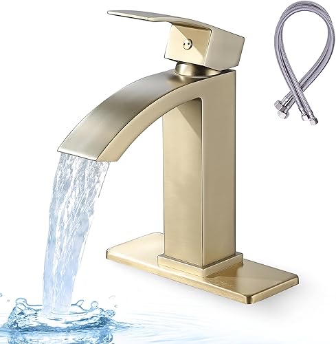 Miniatura 1 de Grifo de baño en cascada de una sola manija, grifo de baño para 1 o 3 agujeros, grifo de lavabo de cascada moderno, grifo de lavabo de oro cepillado