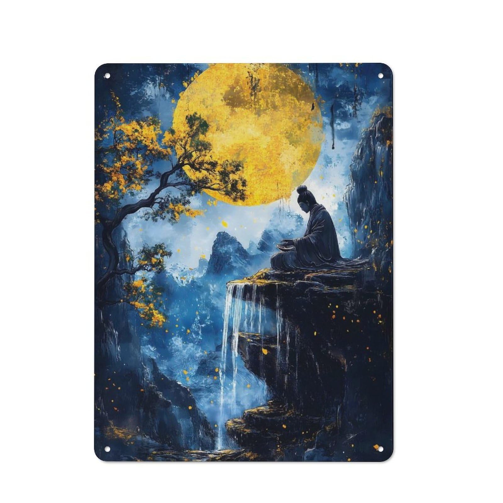 Junmoney Zen Meditation Under Full Moon Classic Decorative Tin Plaque 40X30cm, Bar Wall Plaque For Diner, Restaurant, Shed Or Kitchen