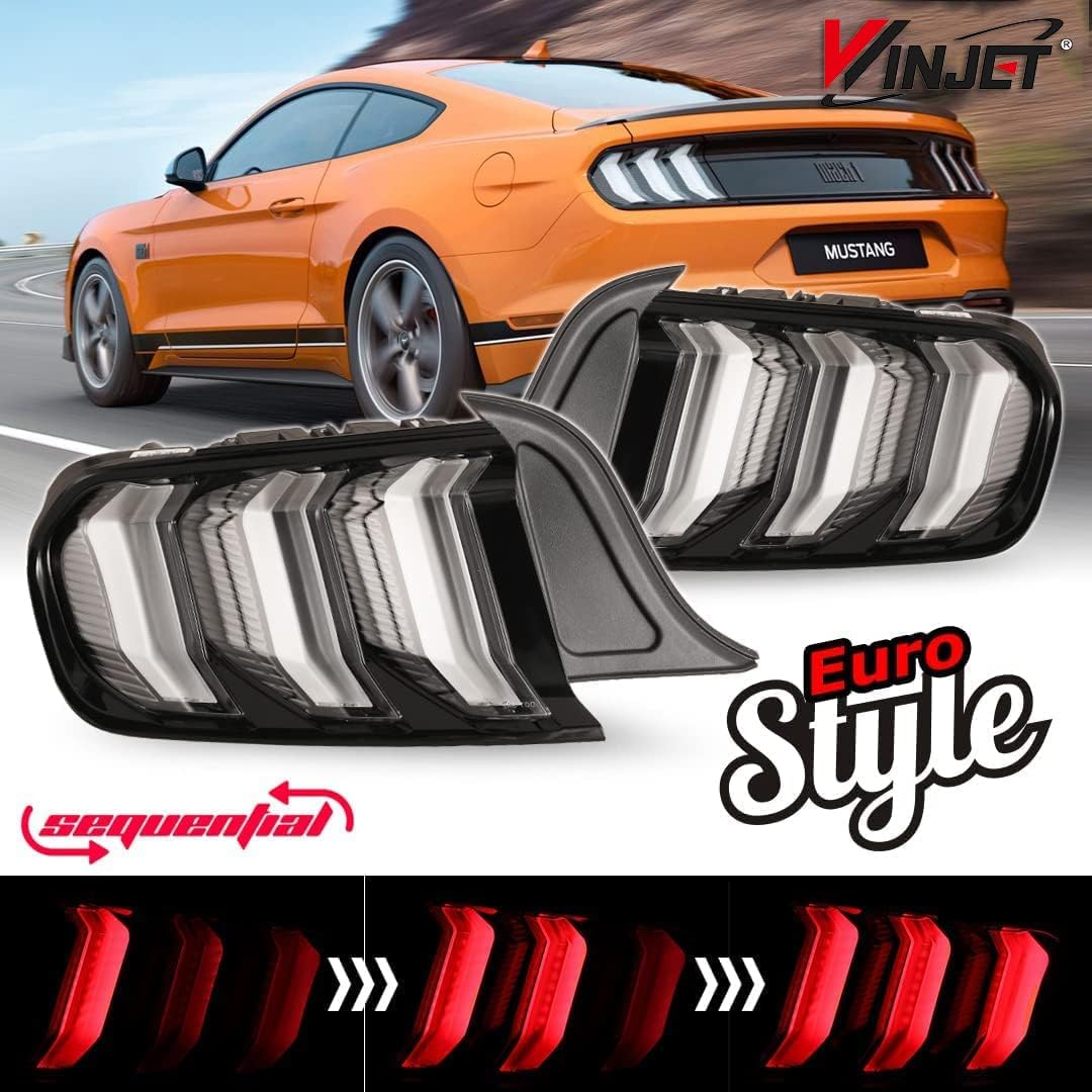 Winjet LED Tail Lights Assembly For 2015 2016 2017 2018 2019 2020 Ford Mustang, Euro Style Full LED Tail Lights with Sequential Turn Signals Rear Brake Lamp DRL,Driver and Passenger Side (Clear)
