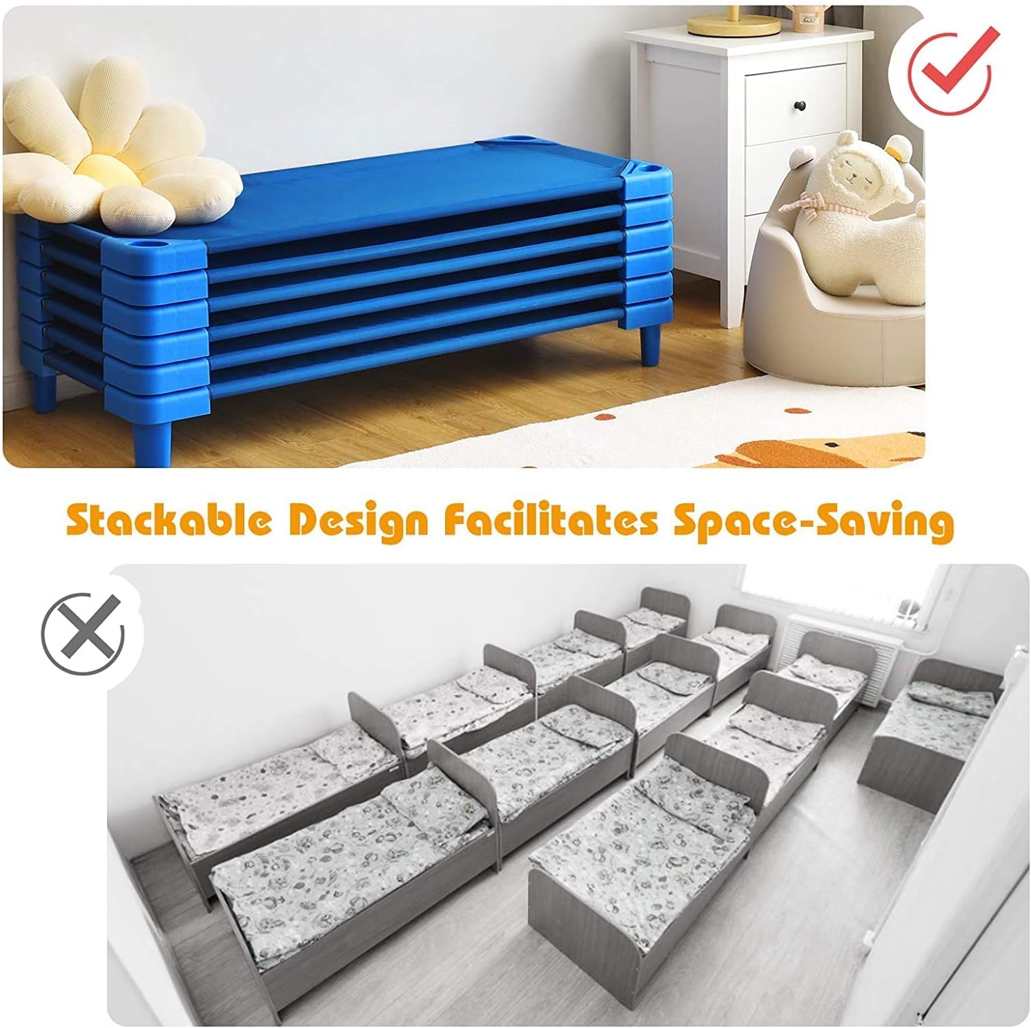 GLACER Toddler Daycare Cots, Stackable Kids Cots for Playing, Children's Relaxation Bed w/Easy Lift Corners, Ready-to-Assemble, Perfect for Daycare, Nursery, Preschool, Pack of 6 (Dark Blue)