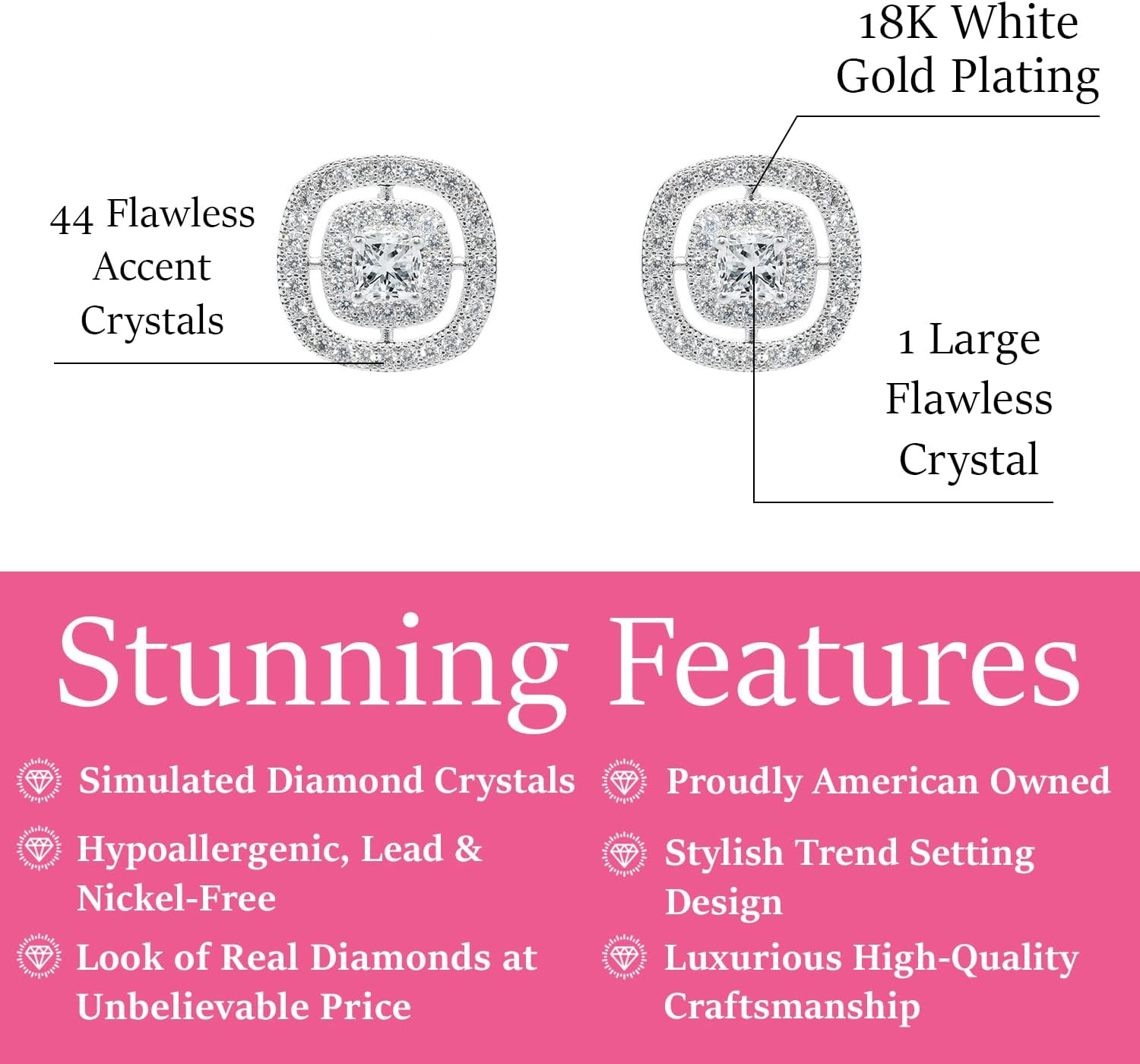 Cate & Chloe Noelle 18k White Gold Plated Halo Stud Earrings with Round Cut Simulated Diamond Crystals, Elegant Jewelry for Women, Gift for Her