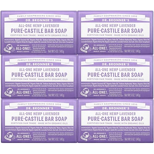 Dr. Bronner's - Pure-Castile Bar Soap (Lavender, 5 ounce, 6-Pack) - Made with Organic Oils, For Face, Body and Hair, Gentle and Moisturizing, Biodegradable, Vegan, Cruelty-free, Non-GMO