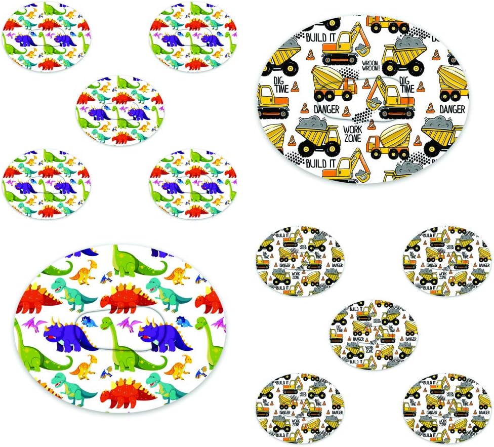 RockaDex Dexcom Adhesive Mix Dino & Construction Design Adhesive Patches with Split Backing, Easy to Apply x 10 Pack