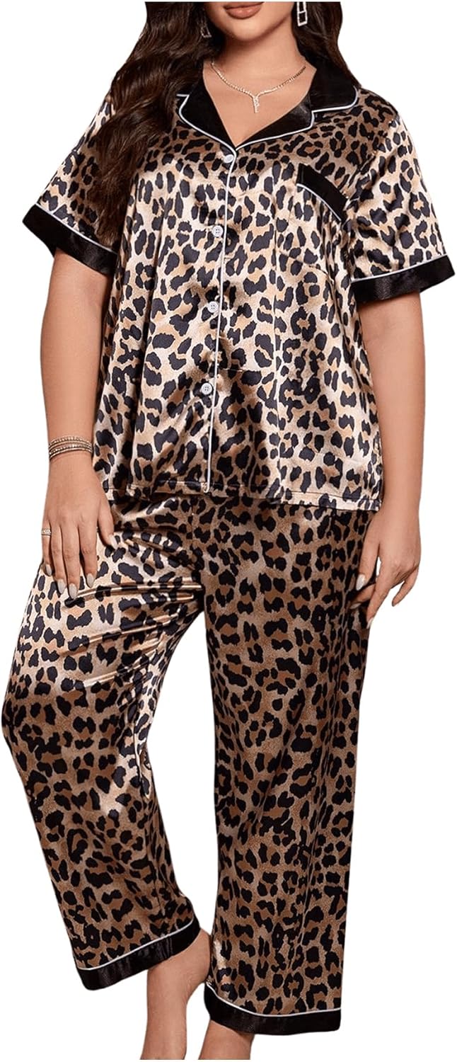 WDIRARA Women's Plus Size Leopard Satin Pajama Sets Short Sleeve Button Down Pants Pjs 2 Piece Sleepwear