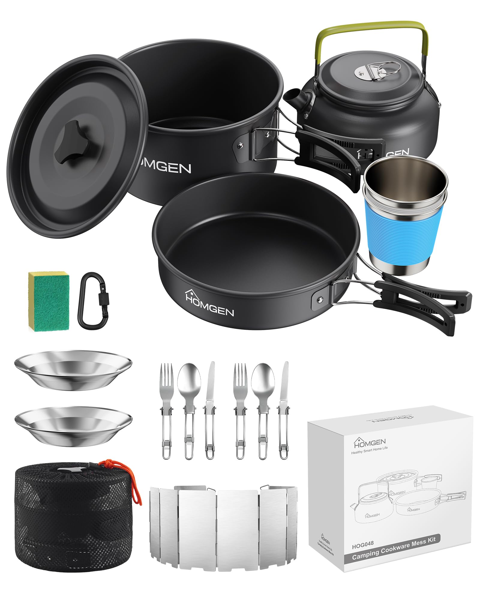 HOMGEN Set di pentole da campeggio per 1-2 persone, 13 pezzi, in alluminio, con pentole, bollitore, piatti, ciotole, protezione antivento, per esterni, campeggio, escursionismo, picnic, portatile