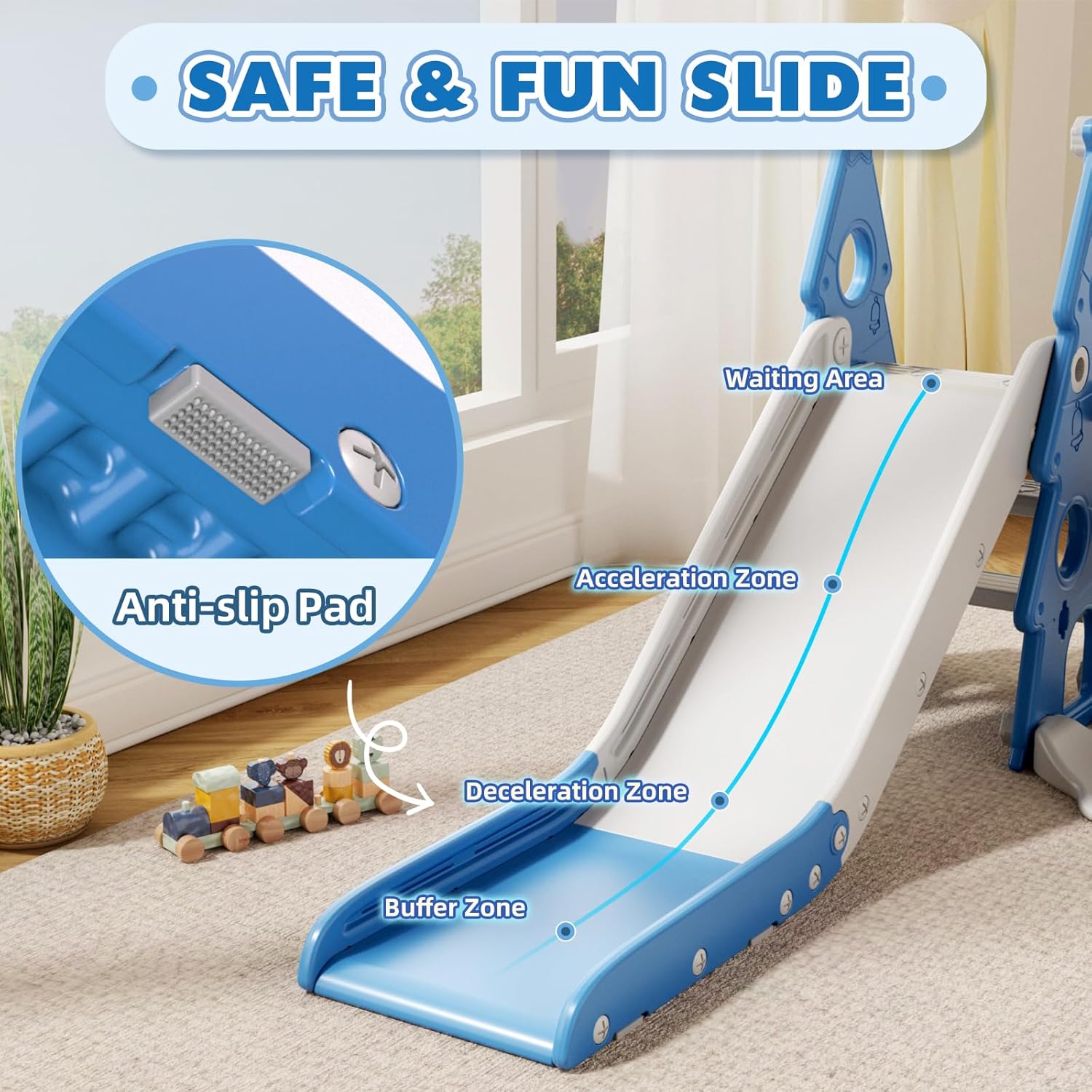 YUFU 6-in-1 Kids Slide and Swing Set, Toddler Slide with Basketball Hoop, Swing, Soccer Goal, Indoor Outdoor Playset for Toddlers Age 1-3 (Blue)