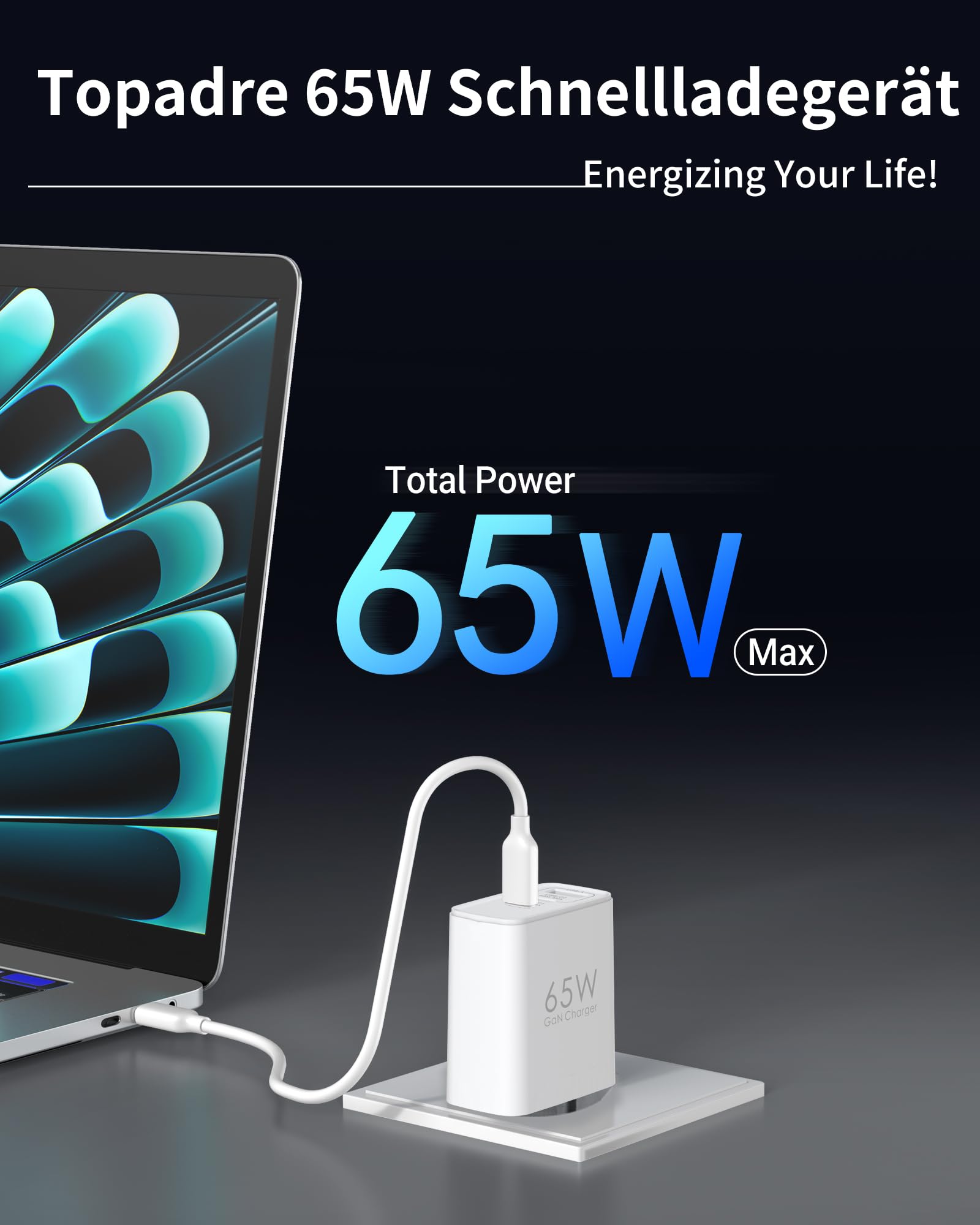 TOPADRE Chargeur USB C 65W, 2 pièces Chargeur Rapide avec 2 câbles 60W (2m)