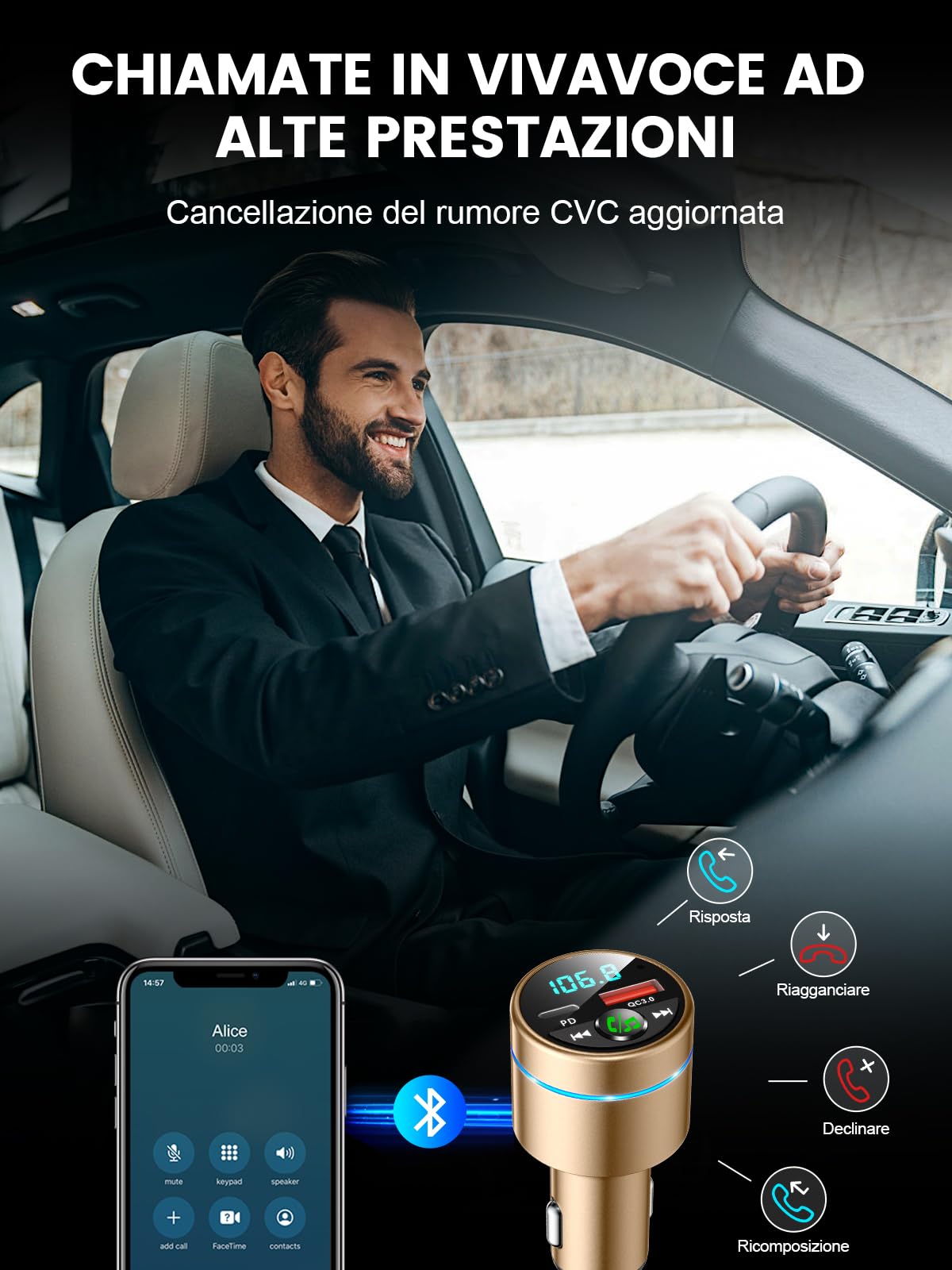 Mohard Trasmettitore FM Bluetooth 5.3 Auto, Ricarica Rapida PD 30W & QC3.0 18W Adattatore Bluetooth Accendisigari per Auto Interamente Metallo, Amplificatori Segnale Cellulari Car Musica Hi-Fi