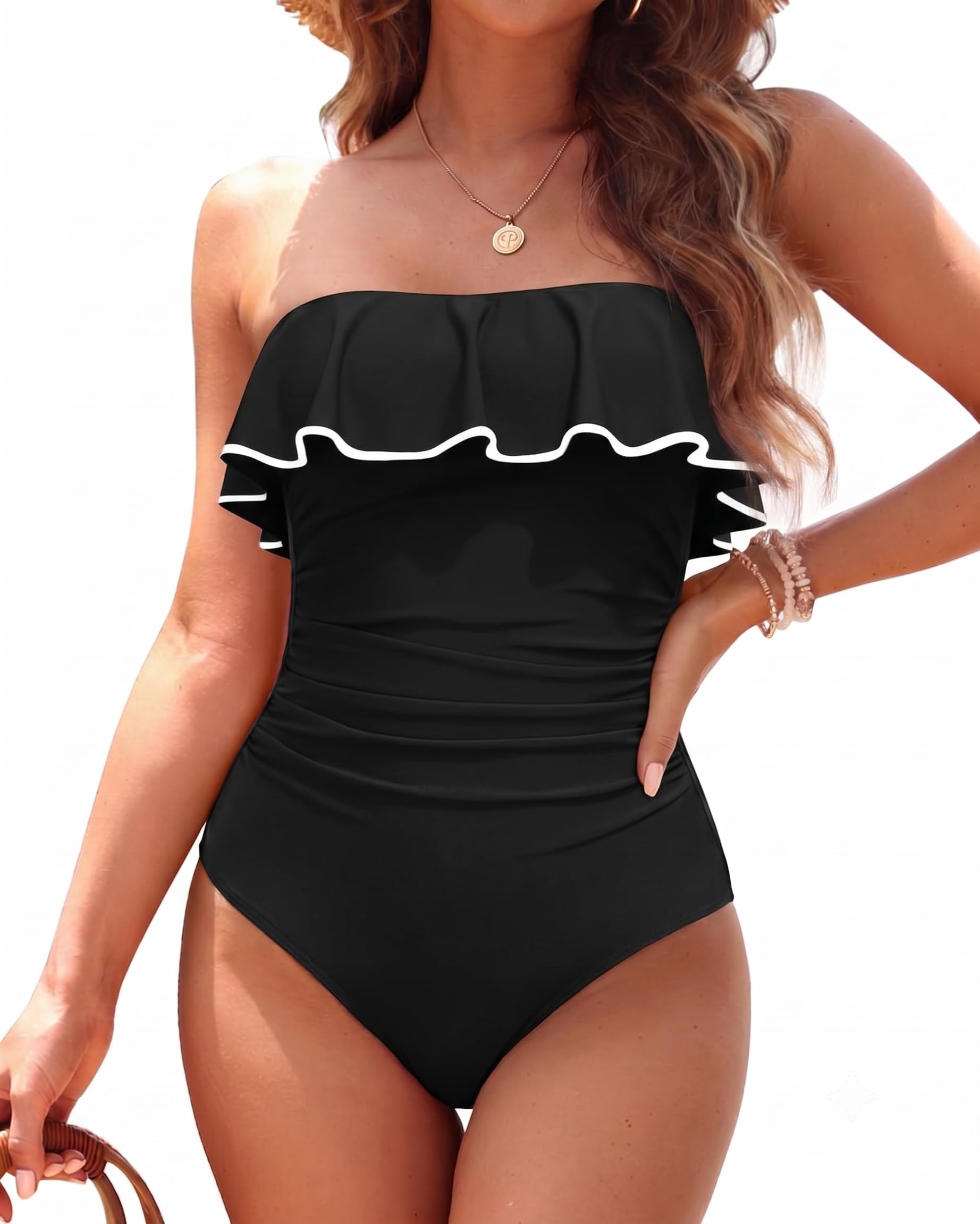 Holipick Strapless One Piece Swimsuits for Women Tummy Control Bandeau Bathing Suits Ruffle Slimming Swimwear, Black with White, Large
