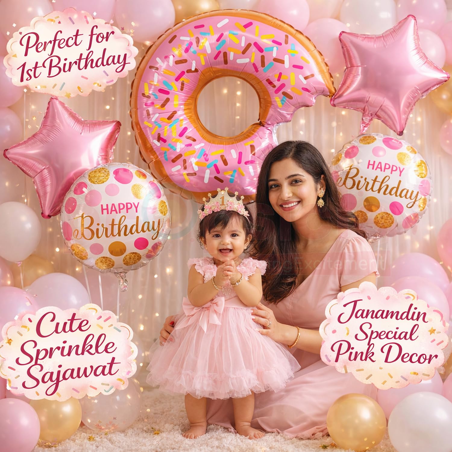 Propsicle Donut Theme Birthday Balloons for Girls, Pack of 5 - Pink Princess Sprinkle Party Decoration, Photo Backdrop Décor for Kids & Adults 2