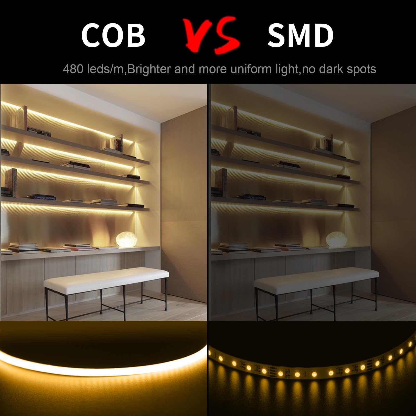 Fosingut COB LED Strip 5m/16.4ft,12V 8mm Cool White Tape Lights for Bedroom,480LED/m CRI90+ Flexible Under Cabinet Kitchen Light for TV,Game Room,Wardrobe,Home DIY Lighting(Only COB Strip Light) - Image 3