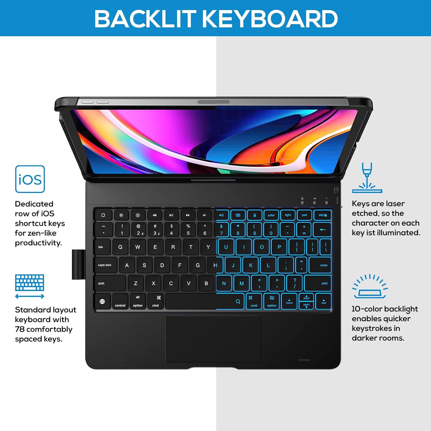 typecase Touch Keyboard Case with Trackpad for iPad Air 11-inch (M3 2025 / M2 2024): 360°Rotatable - 11 Colors Backlight - Wireless Keyboard with Pencil Holder for iPad Air 5th & 4th Gen,Black