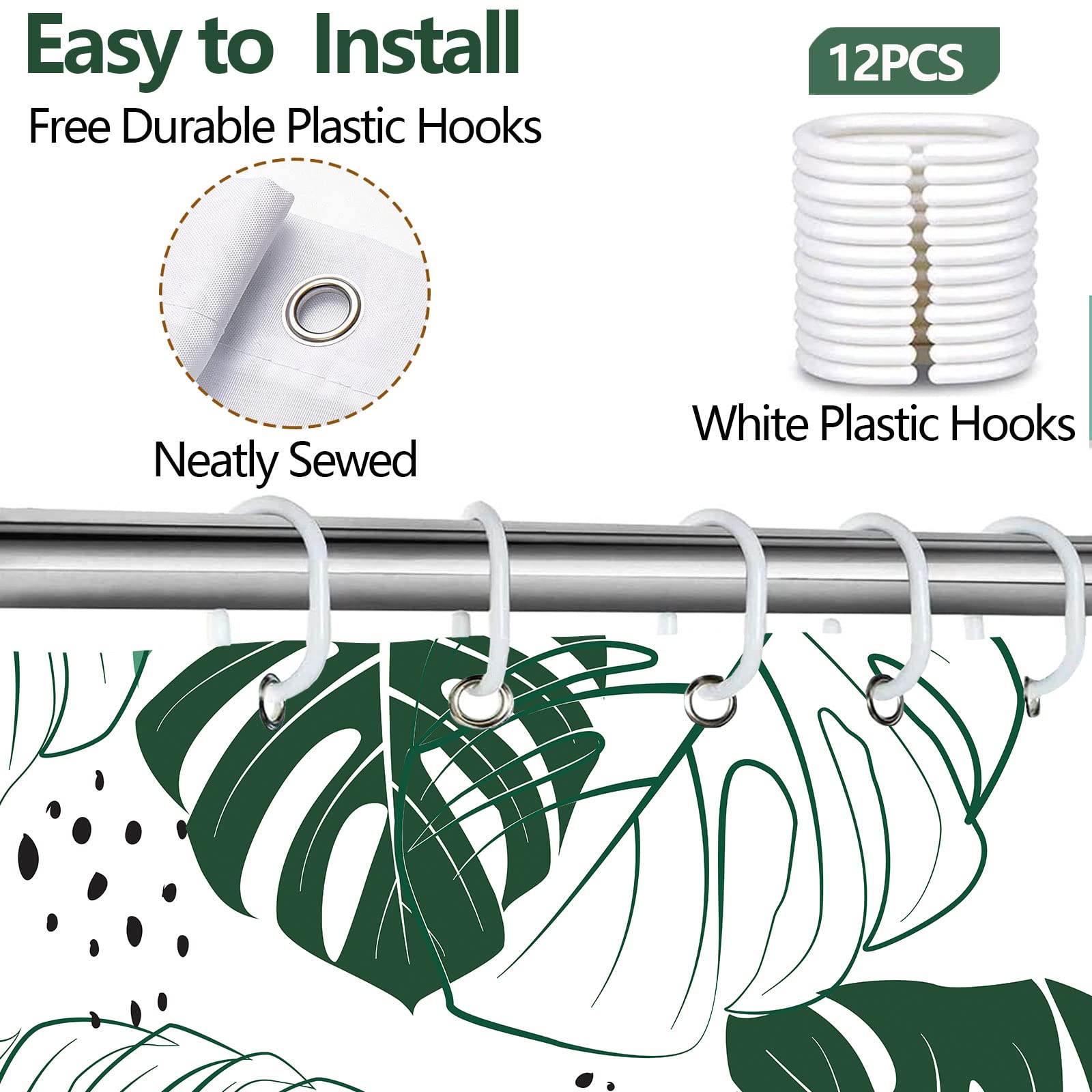 Tititex Ensemble De Rideaux De Douche Sans Crochets à Clipser Motif Feuilles De Palmier Tropicales Double Couche Imperméable Et Fenêtre Supérieure Transparente 177 X 178 Cm