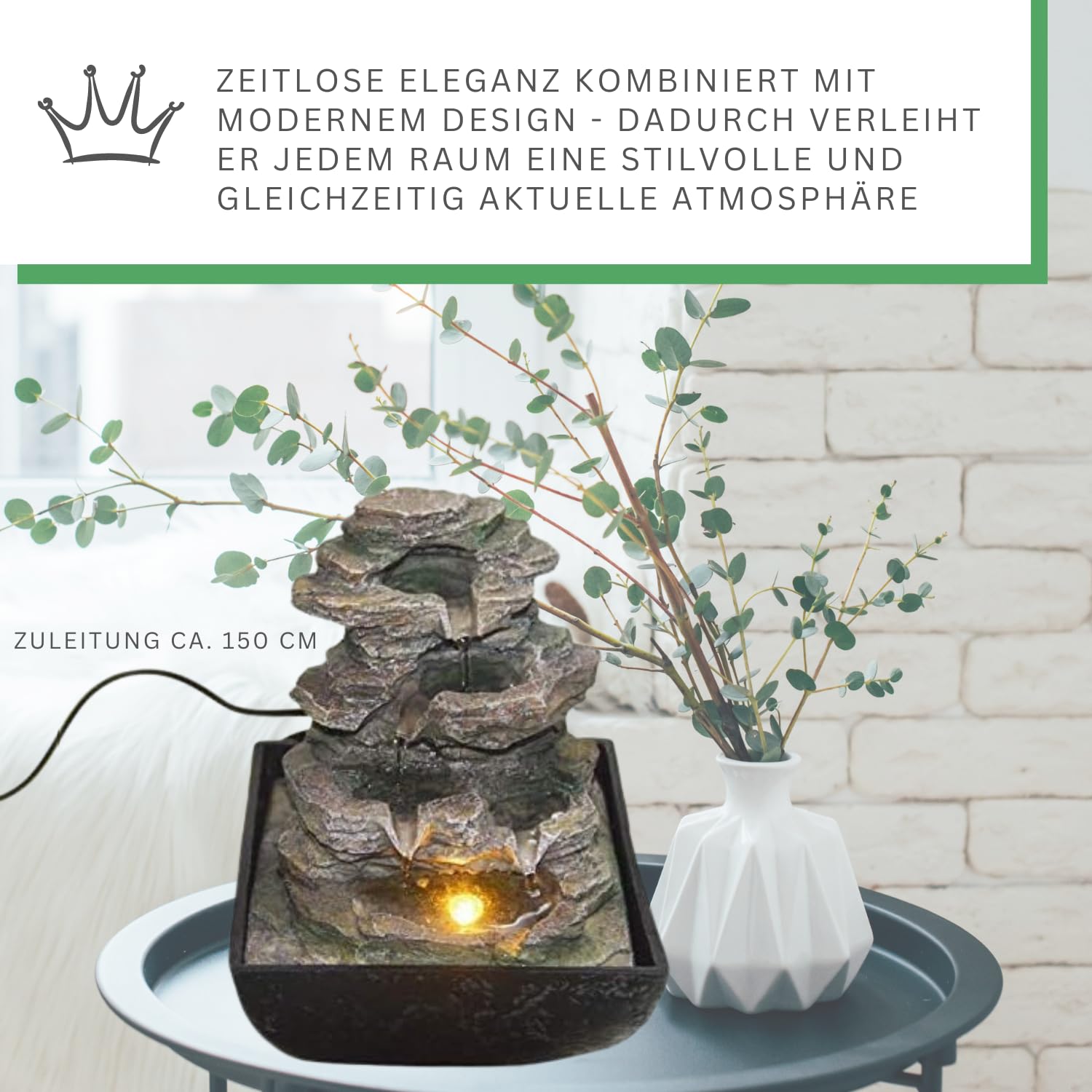 DRULINE Fontaine d'intérieur avec LED - Fontaine cascade - Fontaine d'intérieur - En polyrésine - Aspect pierre - l/H/P : environ 13,5 x 18 x 13,5 cm - Gris/noir - Pour l'intérieur