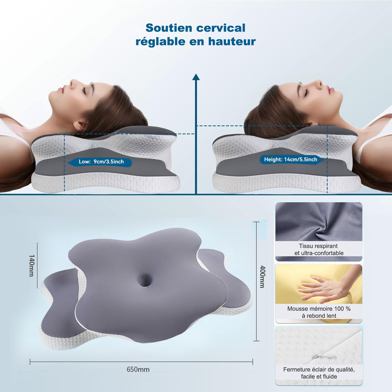 Oreiller Ergonomique Cervical, Coussin Orthopédique à Mémoire de Forme pour Soutien de la Nuque, Soulagement des Douleurs, Respirant, Idéal pour Dormir sur Le Côté, Dos et Ventre