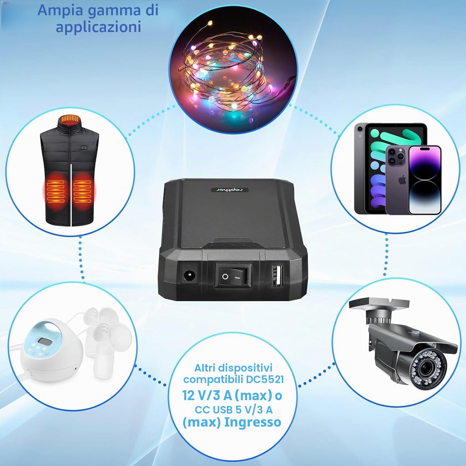 Rapthor Batteria ricaricabile agli ioni di litio da 12 V 6500 mAh/5 V 13000 mAh e uscita CC e caricatore rapido per strisce LED, router, telecamere di sorveglianza, telefoni telescopici, ecc