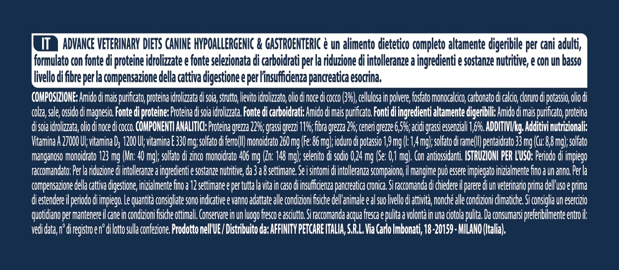 Advance Veterinary Diets - Hypoallergenic - Cibo per Cani con per Le Reazioni Avversi agli Alimenti - 10kg
