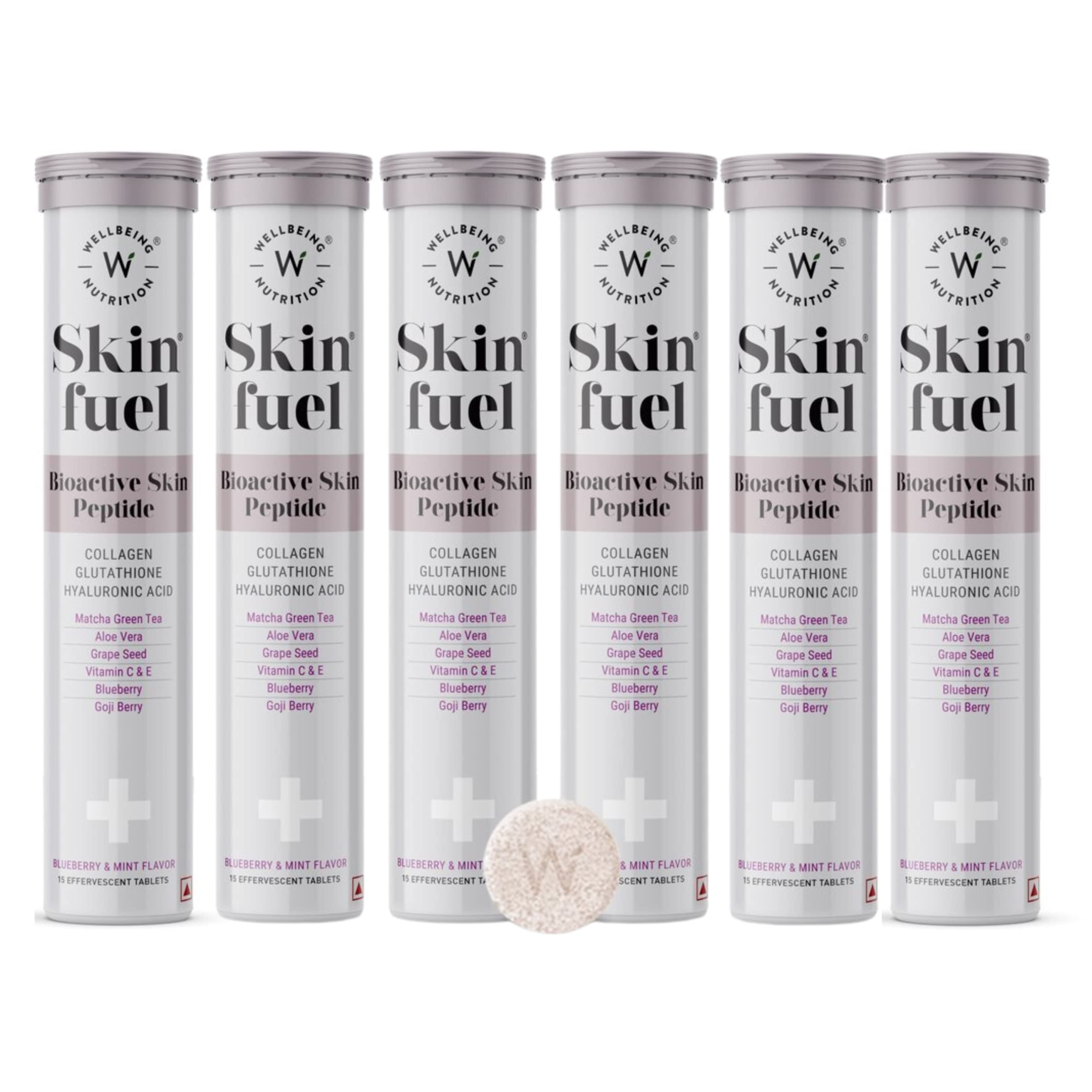 Wellbeing Nutrition Skin Fuel | Glutathione Tablets | Skin Glow and Radiance for Men & Women | Hyaluronic Acid, Grape Seed, Vitamin E (15 Effervescent Tablets) Pack of 6