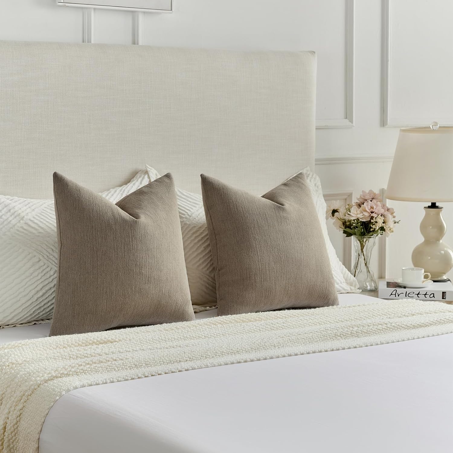 FUTEI Coffee Chenille Decorative Throw Pillow Covers 24x24 Inch Set of 2,Soft Cozy Faux Linen Textured European Pillow Shams,Farmhouse Home Decor for Couch Living Room