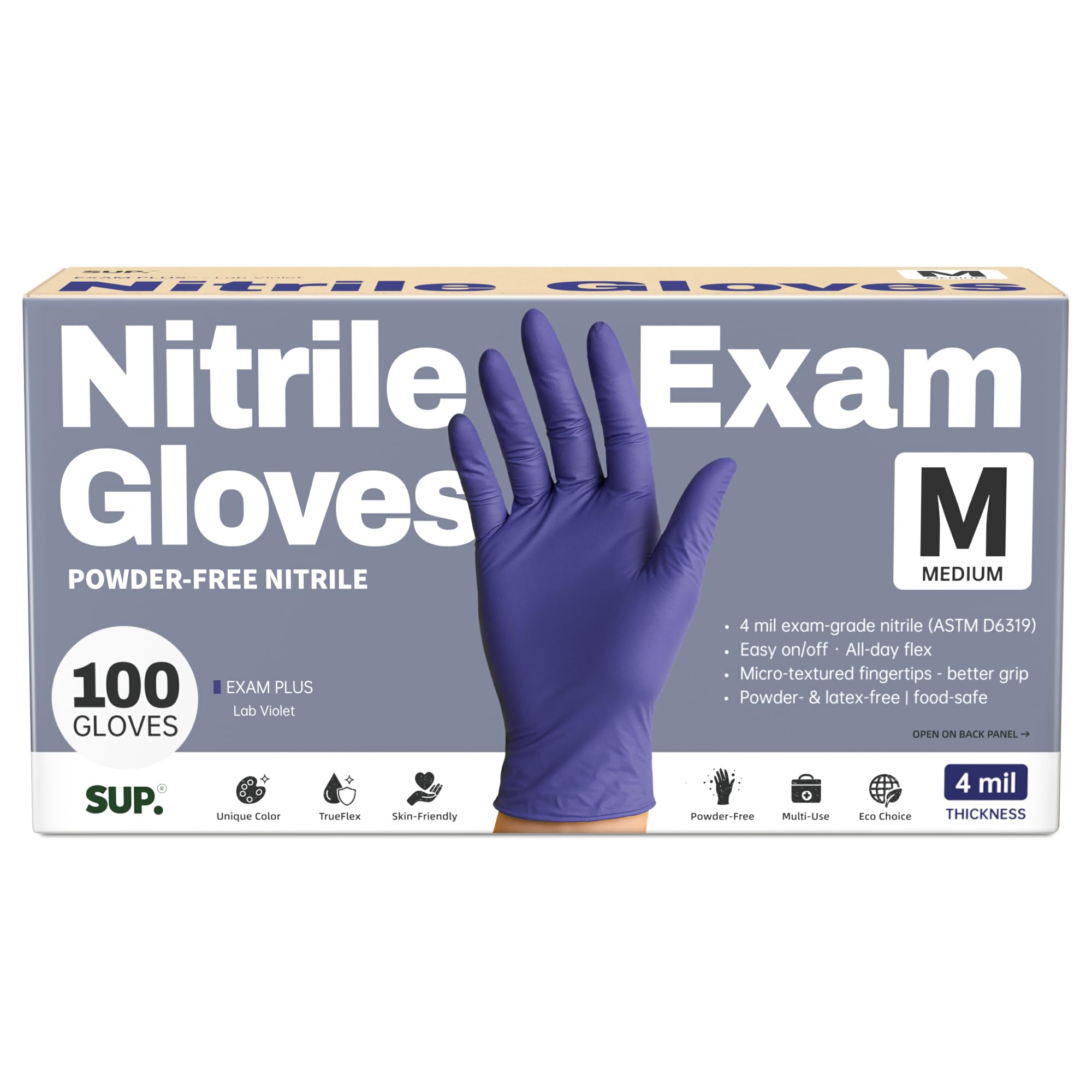 SUP Medizinische Nitril-Untersuchungshandschuhe, puderfrei, latexfrei, lebensmittelecht, chemobewertet, Kochreinigung, Einweghandschuh, Labor, Violett, 100 Karat (Medium)