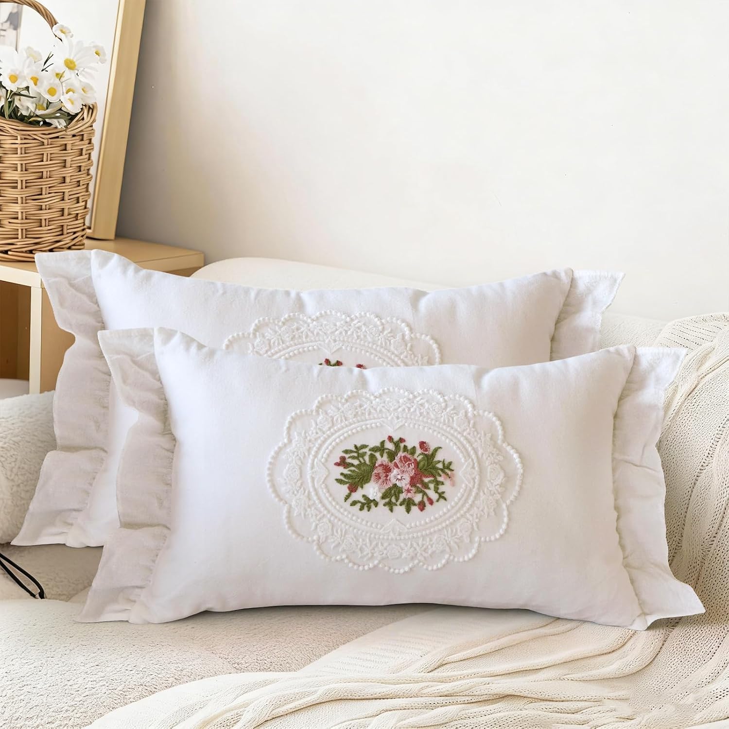 vctops Boho Cotton Ruffle Throw Pillow Covers 12x20 Inch Spring Floral Embroidery Decorative Throw Pillows for Bed Pack of 2 Farmhouse Modern Pillowcase Sofa Livingroom Home Decor(White,12"x20")