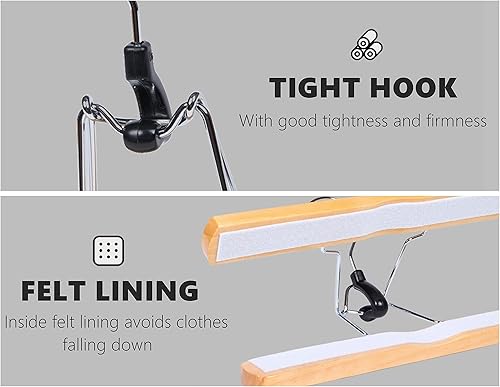 Miniatura 4 de Amber Home Paquete de 10 perchas de madera natural para pantalones, perchas de madera con terciopelo acolchado antideslizante, ganchos para