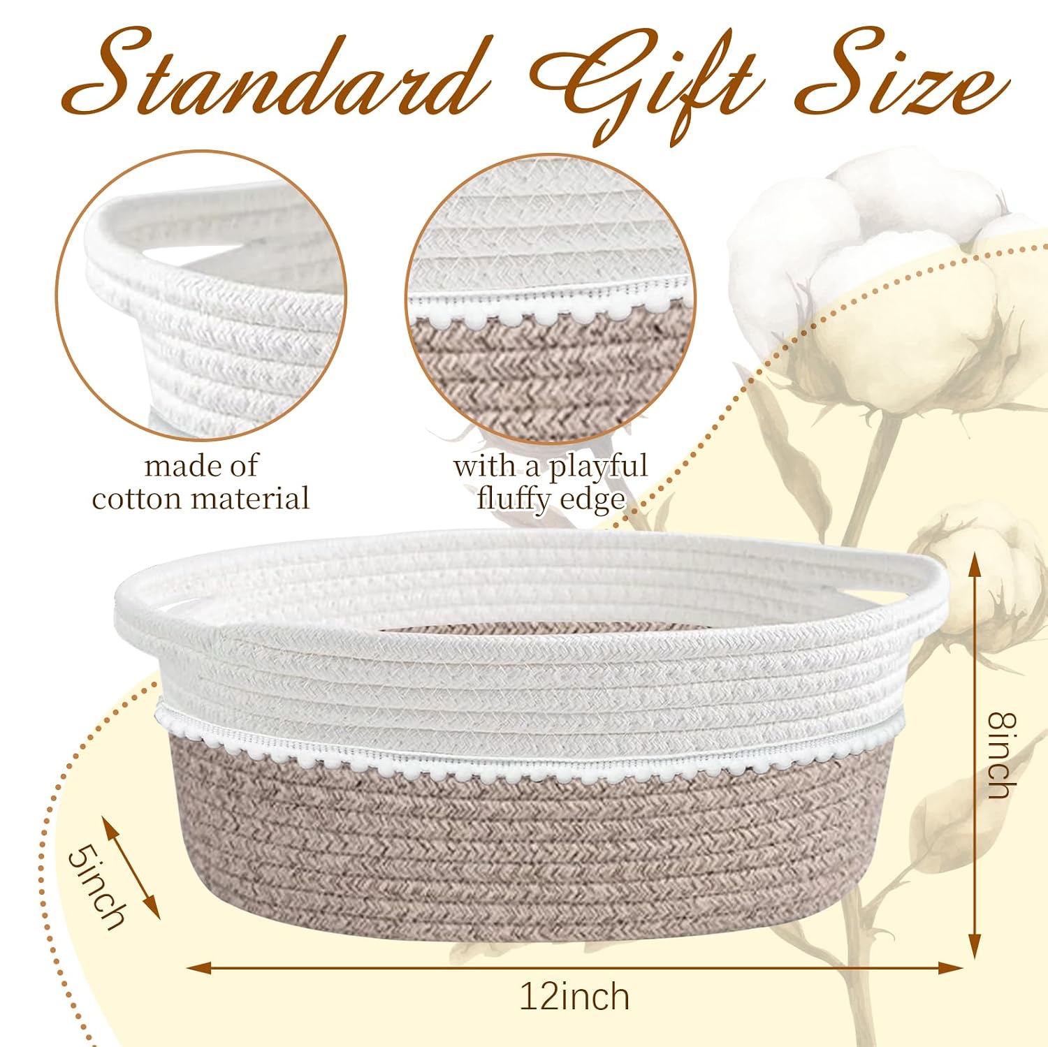 Easter Gift Basket Empty with Wrap Bag & Ribbon & Card, Empty Small Woven Storage Basket (12"x8"x5"), Cute Decorative Gift Baskets Storage for Wedding Christmas Baby Showers (White-Light Brown)