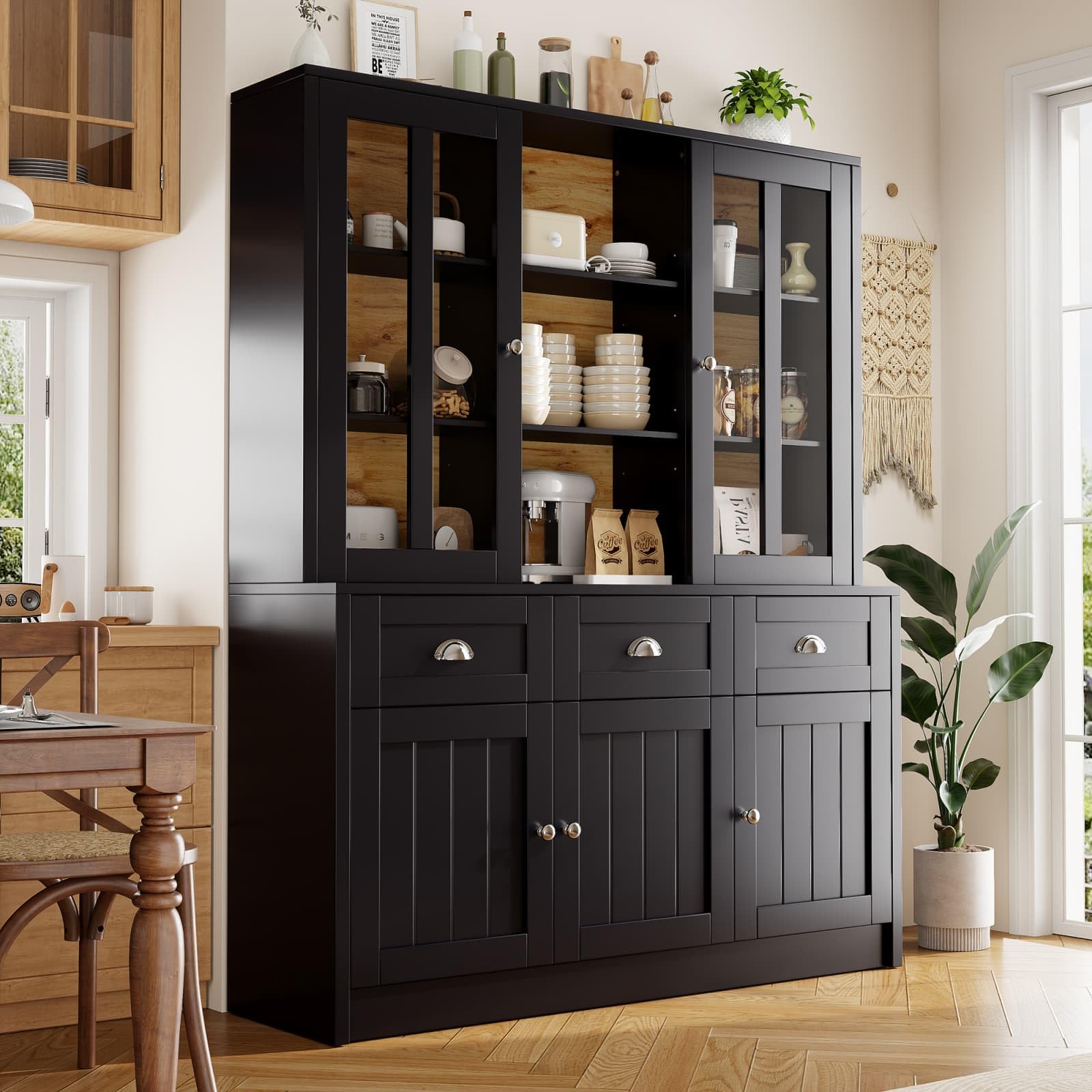 KOMHTOM Armoire de Cuisine 140 x 40 x 175cm, Vitrine, Armoire de Salle à Manger, Dispositif Anti-basculement, 3 Tiroirs, 5 Portes, Étagères Réglables (Noir)