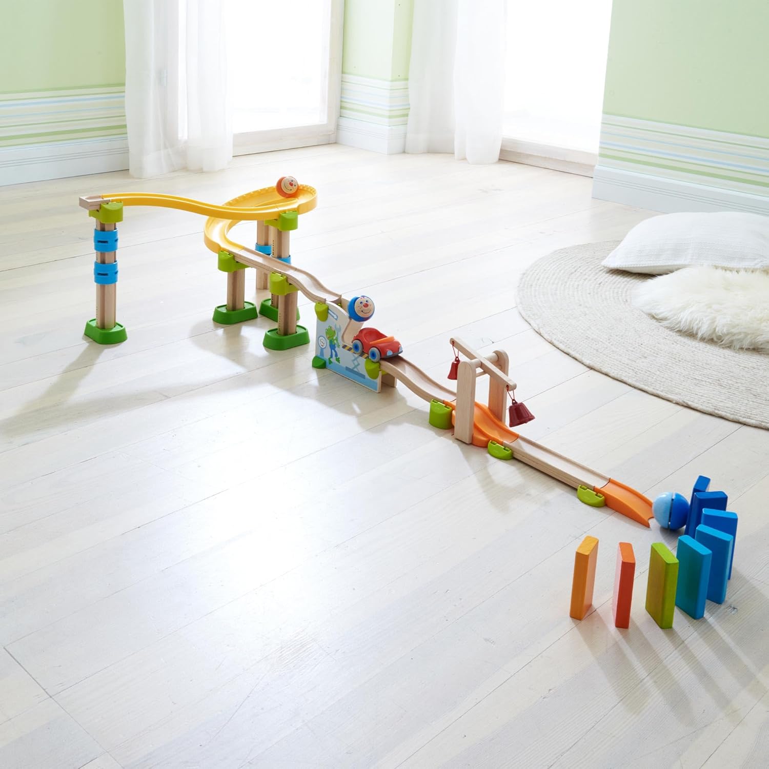 HABA Ball Run and Track Set with Car & Dominoes, 16 Piece Kullerbü Marble Runs and Building Sets for Kids 2 and up, STEM Toys & Educational Toys