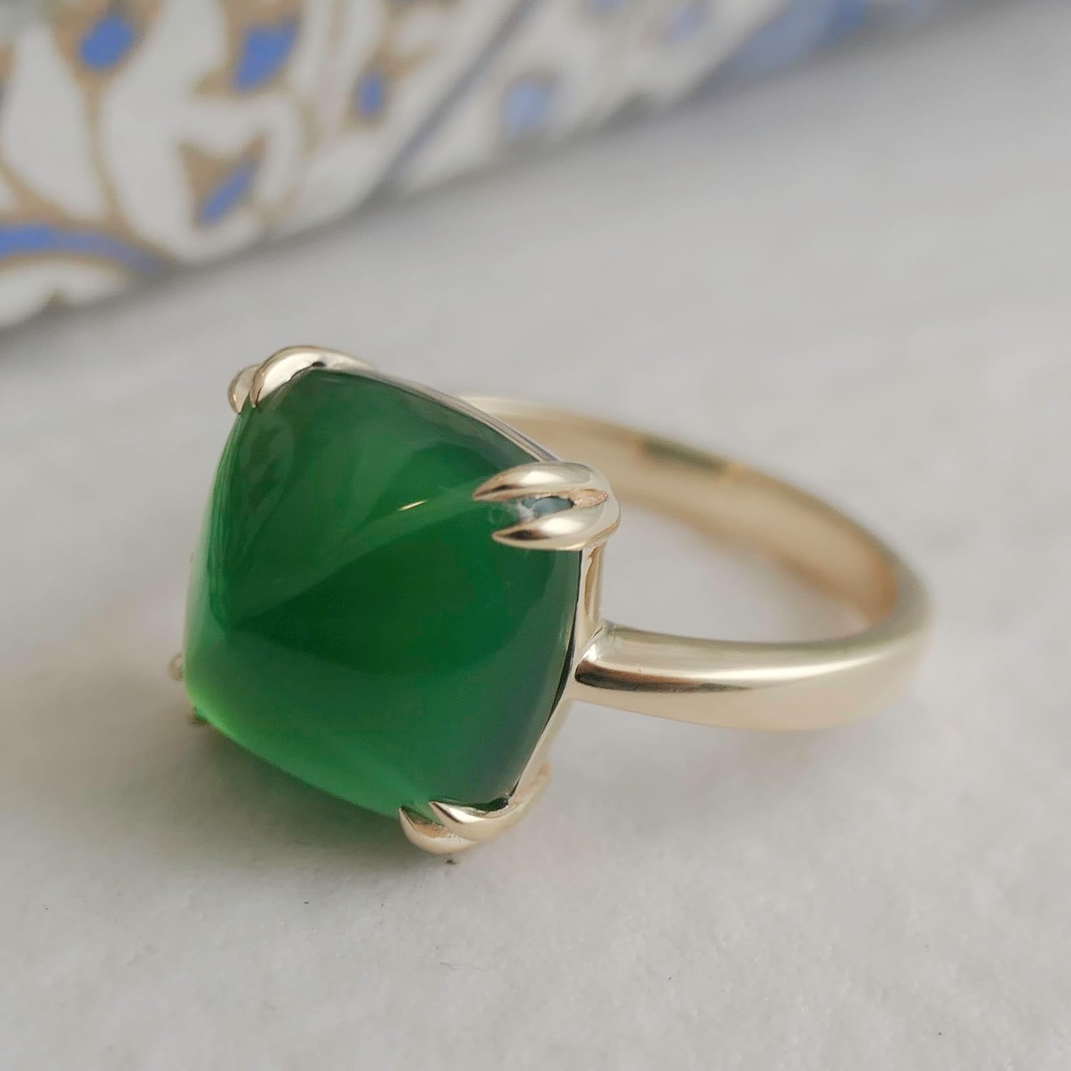 Green Onyx Sugar Loaf Ring 12x12mm – 925 Solid Sterling Silver with 3 Micron Gold Plating – Natural Gemstone, Scandinavian Handmade Fine Jewelry for Women