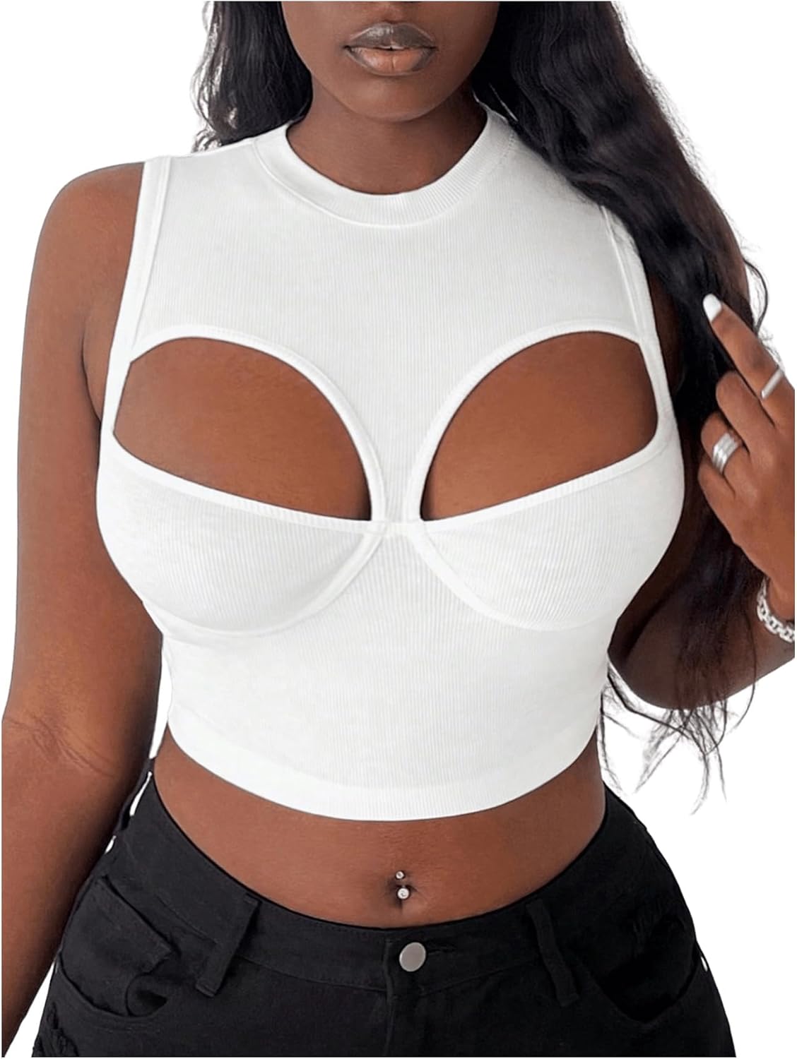 SweatyRocks Women's Cut Out Cropped Tank Top Crew Neck Slim Fit Sleeveless Ribbed Camisole - Image 3