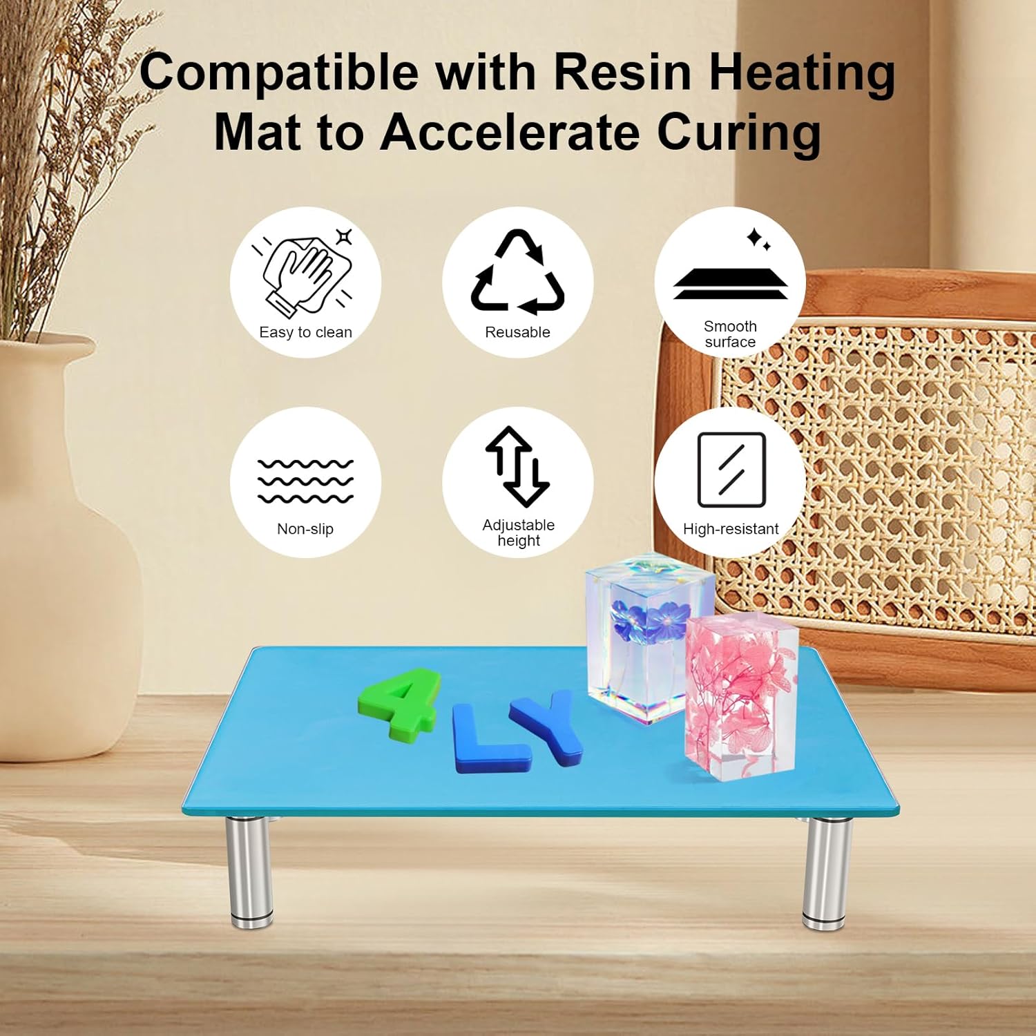 HAWERSI Resin Leveling Table with Height Adjustment,16" x 12" Heat Resistant Glass Resin Table with Silicone Mat and Letter Molds,Compatible with Resin Heating Mat,Leveling Board for Epoxy,Waves