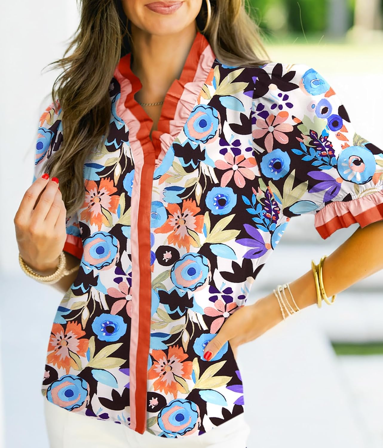 Cicy Bell Womens Summer Floral Print Tops Casual Puff Short Sleeve Ruffle V Neck Button Down Shirts Patchwork Boho Blouses - Image 2