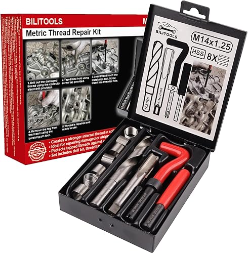 Miniatura 41 de BILITOOLS Kit de reparación de roscas helicoidales métricas, 131 piezas HSS Drill Heli Coil Kit de reparación M5 M6 M8 M10 M12